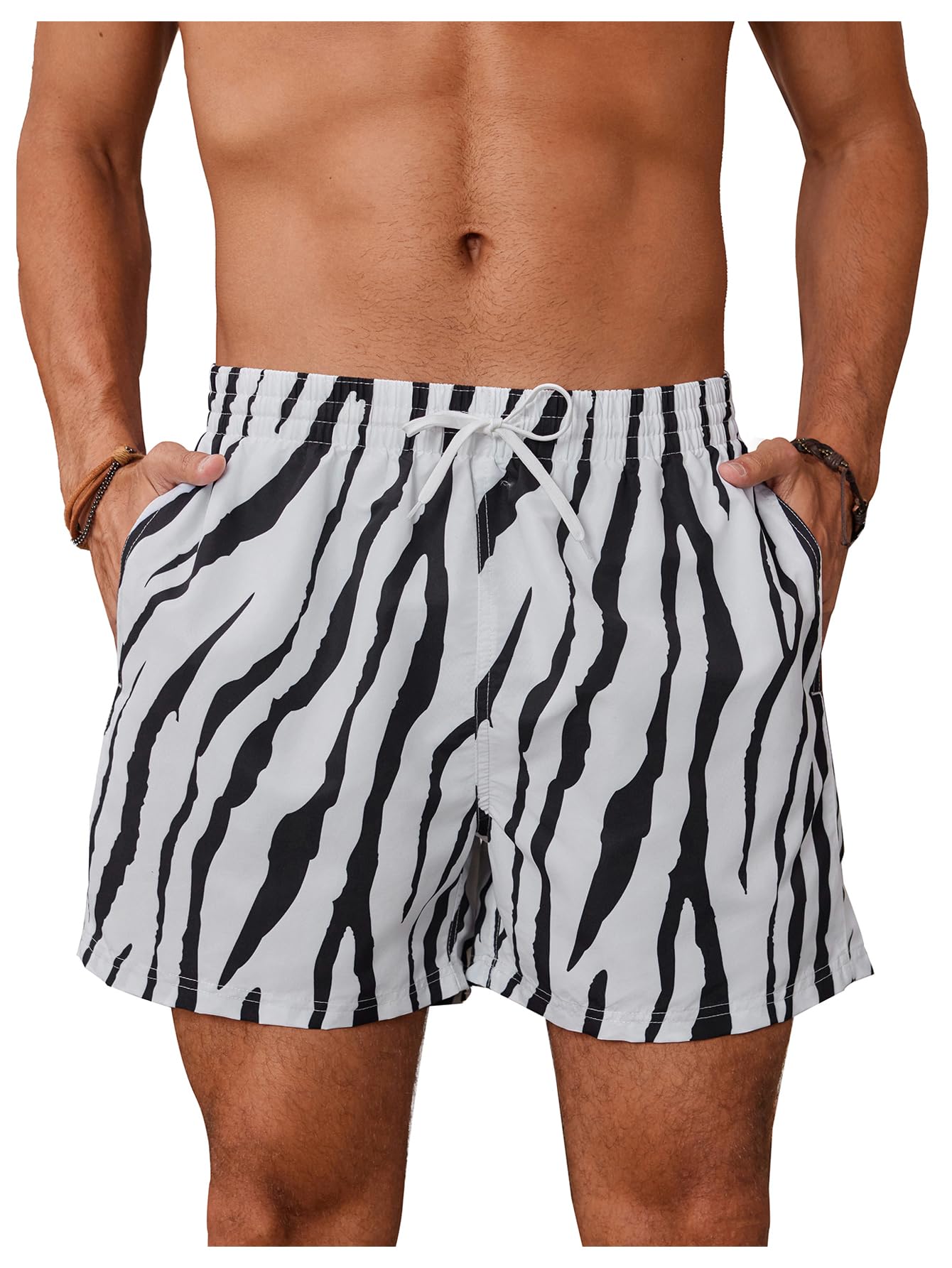 WDIRARA Men's Zebra Stripe Drawstring Waist Swim Trunks Beach Shorts Sports Running Bathing Suits with Mesh Lining Black and White Medium