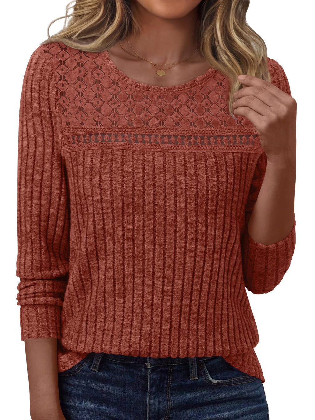 LILLUSORY Womens Lace Long sleeve Sweaters Shirts Dressy Business Casual Trendy Fall Tops Caramel M
