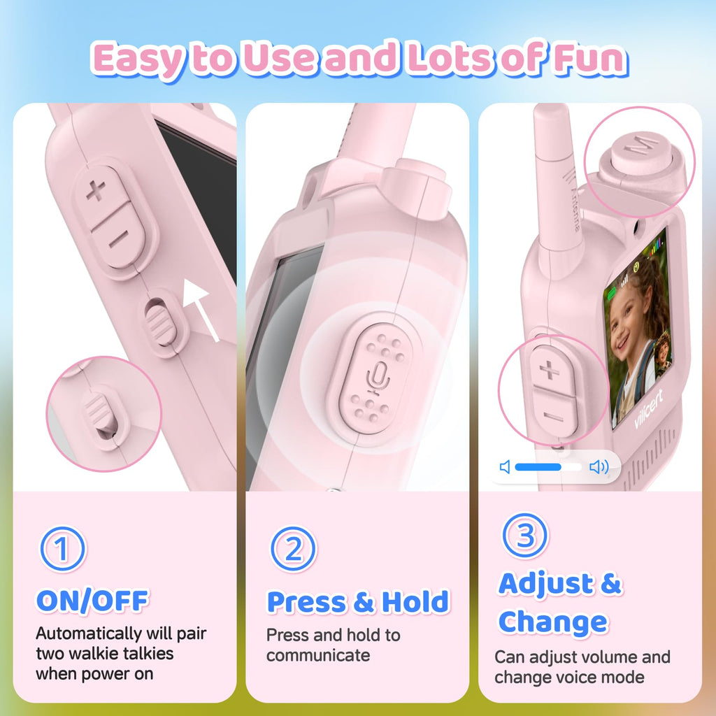 vilicert Video Walkie Talkie Toys for Age 3-12 Boys Girls, 2 Pack Walkie Talkies with Screen, Long Range 2 Way Radio with 4 Voice Effects, Christmas Birthday Gifts for Kids Indoor Outdoor Camping