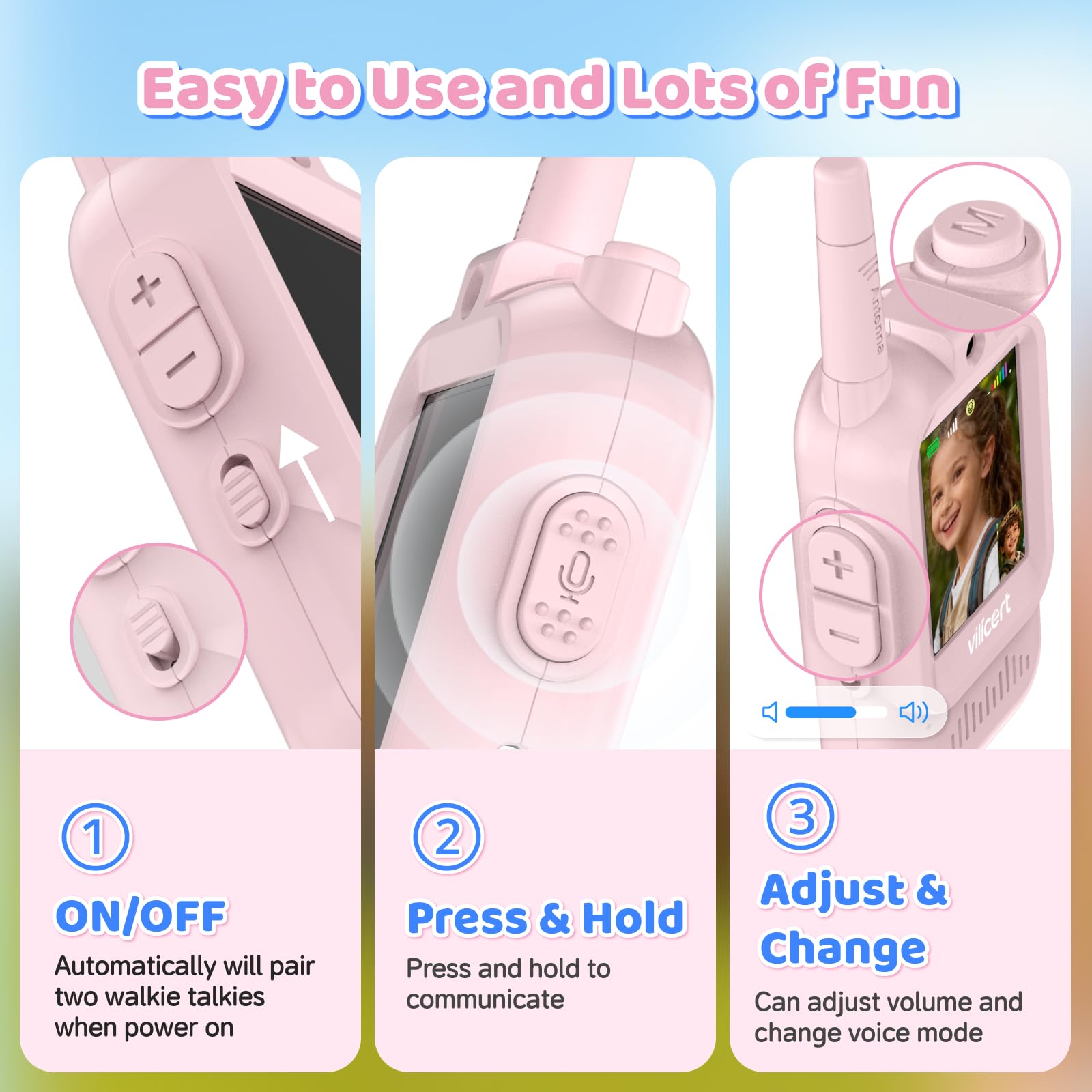 vilicert Video Walkie Talkie Toys for Age 3-12 Boys Girls, 2 Pack Walkie Talkies with Screen, Long Range 2 Way Radio with 4 Voice Effects, Christmas Birthday Gifts for Kids Indoor Outdoor Camping