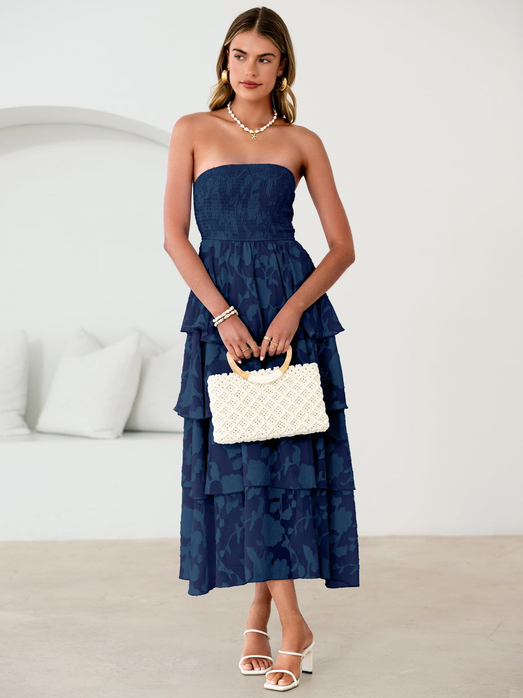 Simplee Womens Summer Strapless Maxi Dress 2026 Off The Shoulder Casual Cute Floral Boho Smocked Tube Dresses Vacation Long Sundress(Navy S)