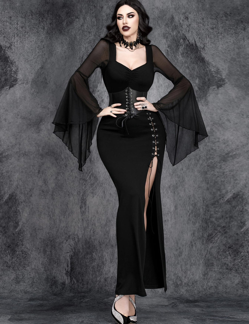 InGoticos Women Gothic Sexy Slit Flare Sleeve Patchwork Party Dress Black