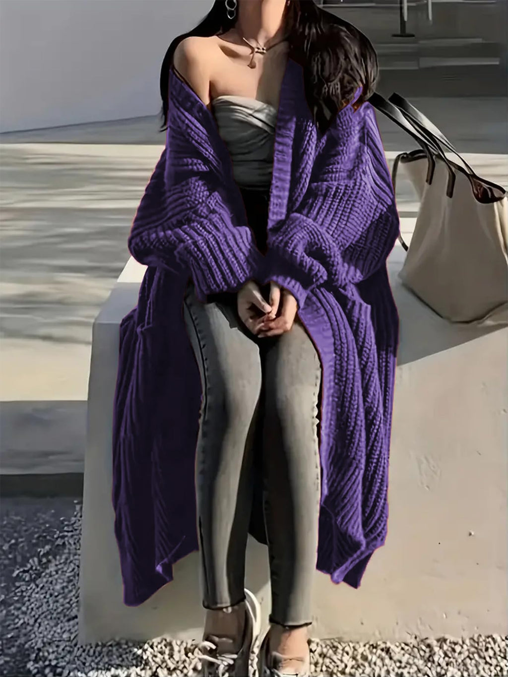 Womens Long Sleeve Cardigan Sweaters Open Front Knit Long Cardigans Duster with Pockets 2024 Fall Winter Oversized Coat (US, Alpha, Small, Regular, Regular, Purple)