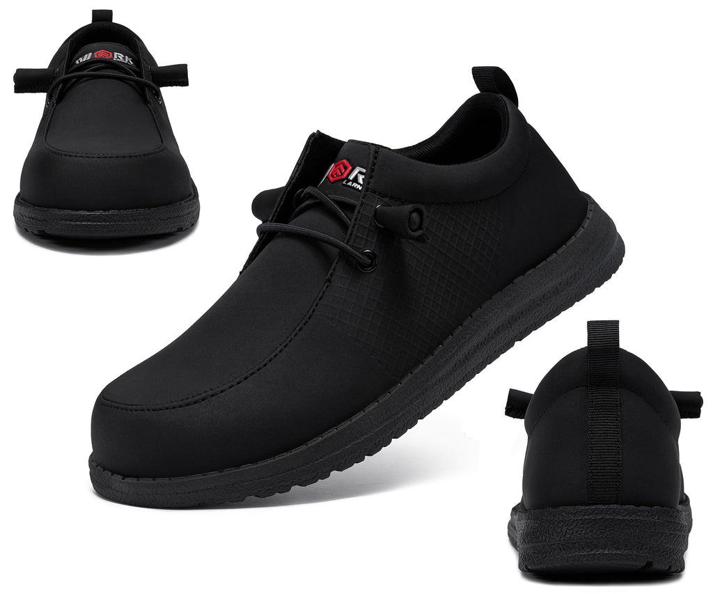 LARNMERN Slip On Steel Toe Shoes Men Lightweight Comfortable Lounging Walking Sneakers Safety Work Steel Toe Loafers (12 Men, Black Leather)