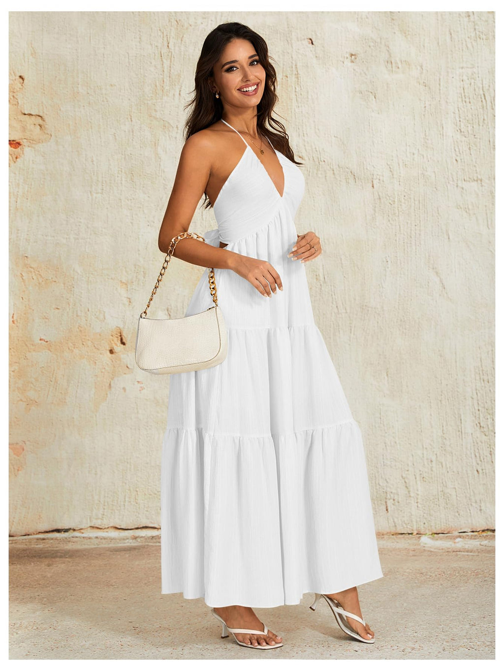 OYOANGLE Women's Summer Beach Sundress Formal Wedding Guest Dress Backless Flowy Vacation Boho Maxi Dresses White Small