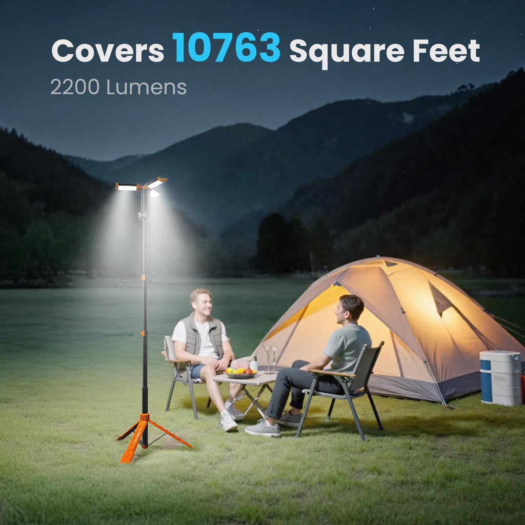 CAVN Rechargeable Camping Lights with Remote & Detachable Tripod Max Height 6.0 ft, Portable Work Light with 3 LED Lamp Heads, Camping Essentials Gear Emergency Flashlight with Hook, Orange