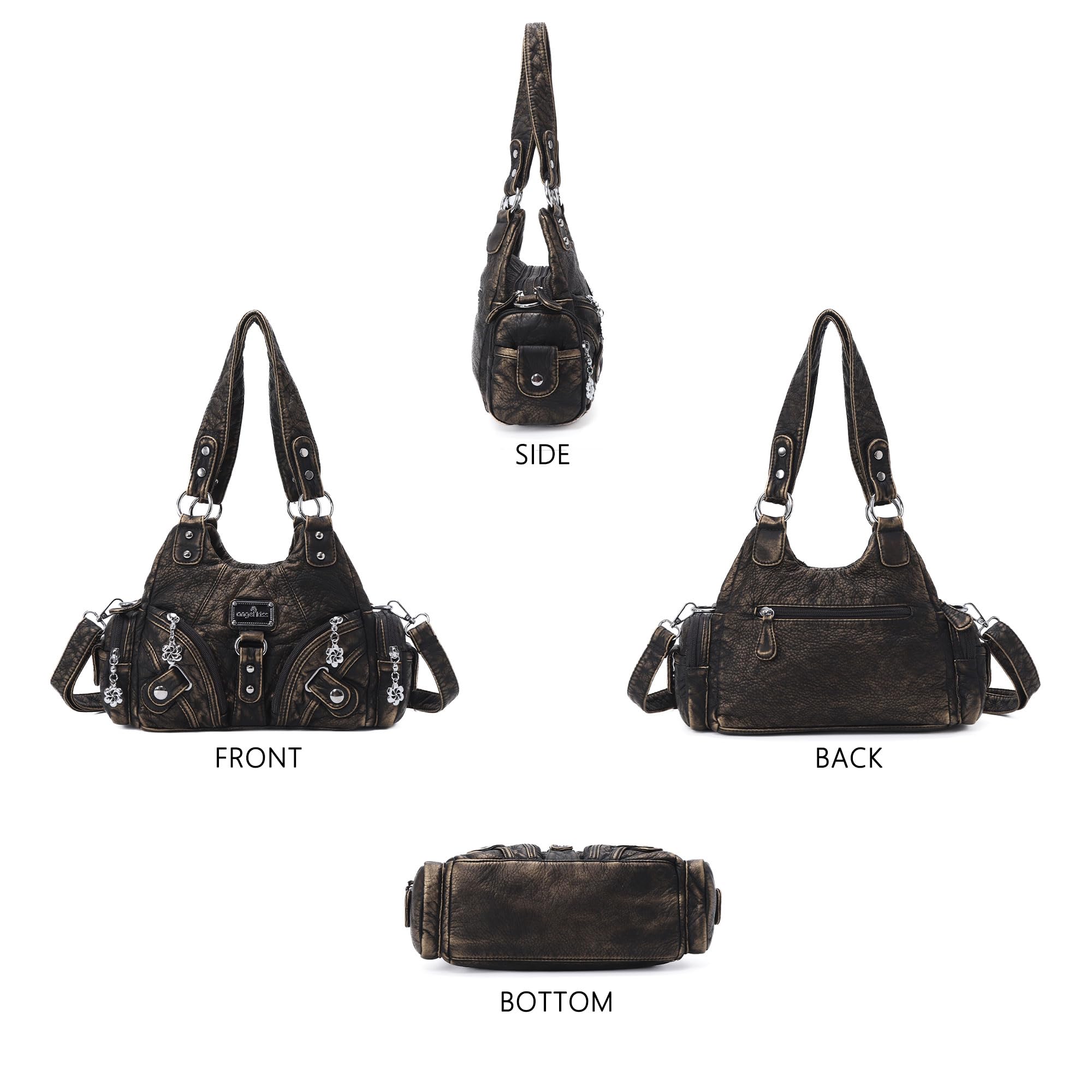 Angel Kiss Purses for Women Small Hobo Shoulder Bags Vagen Leather Multi-Pocket Tote Bag with Zipper (Bronze)