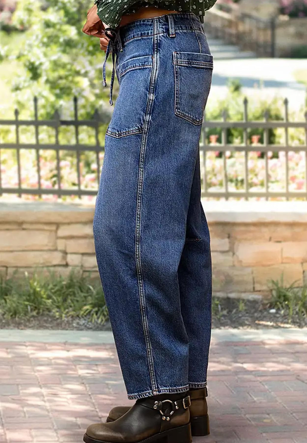 longlugoo Women's Baggy Barrel Jeans Casual Boyfriend Mid Rise Wide Leg Denim Pants with Drawstring Blue