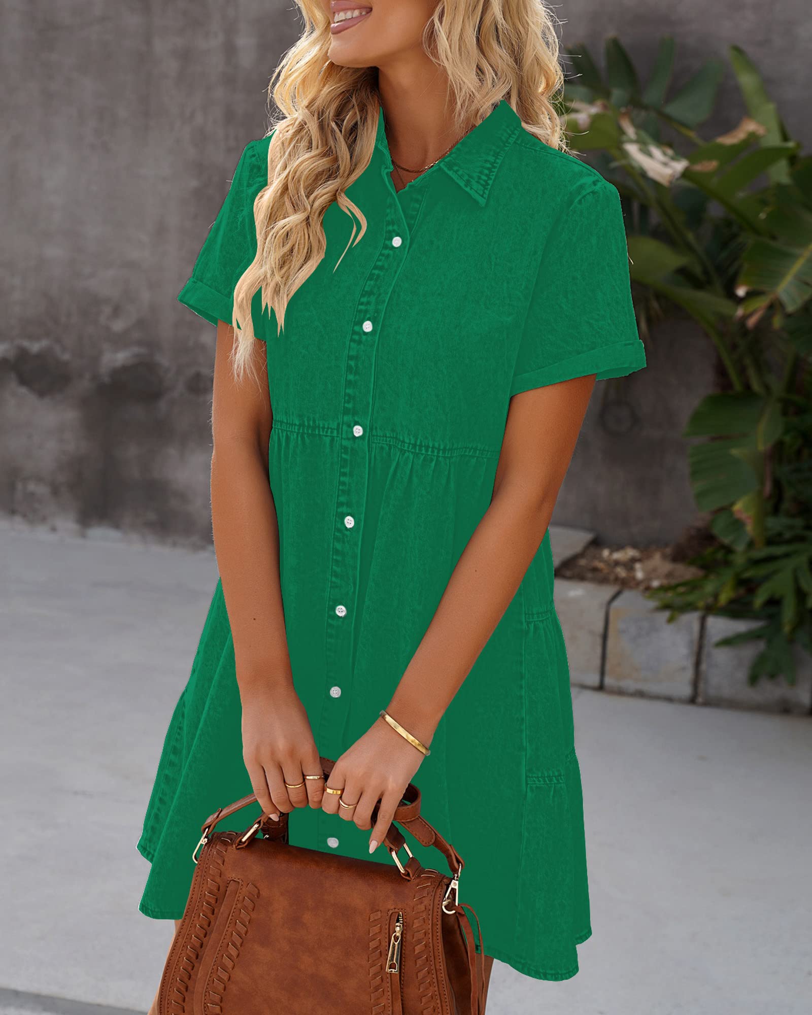 LookbookStore Green Denim Dress for Women St Patricks Day Dress 2025 Trendy Short Sleeves Jean Dresses Size L Size 12 14