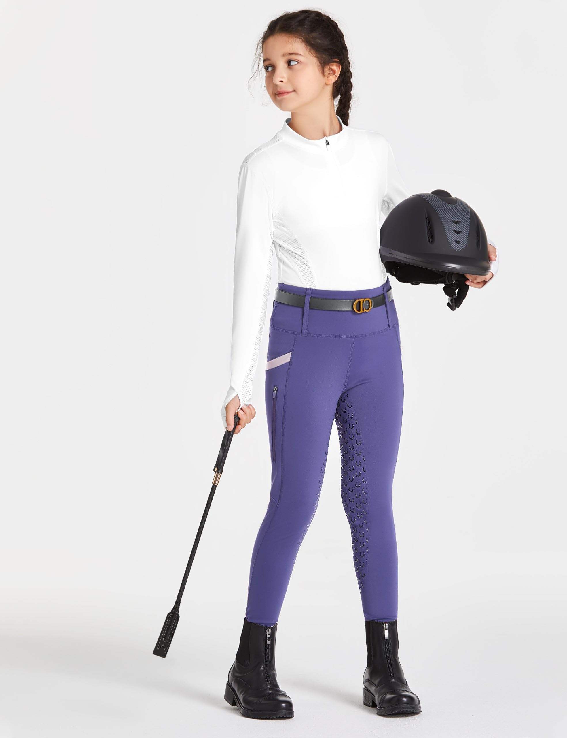 FitsT4 Sports Girls Riding Pants Full Seat High Waist Kids Equestrian Breeches Horse Schooling Tights Zipper Pockets Purple Size S