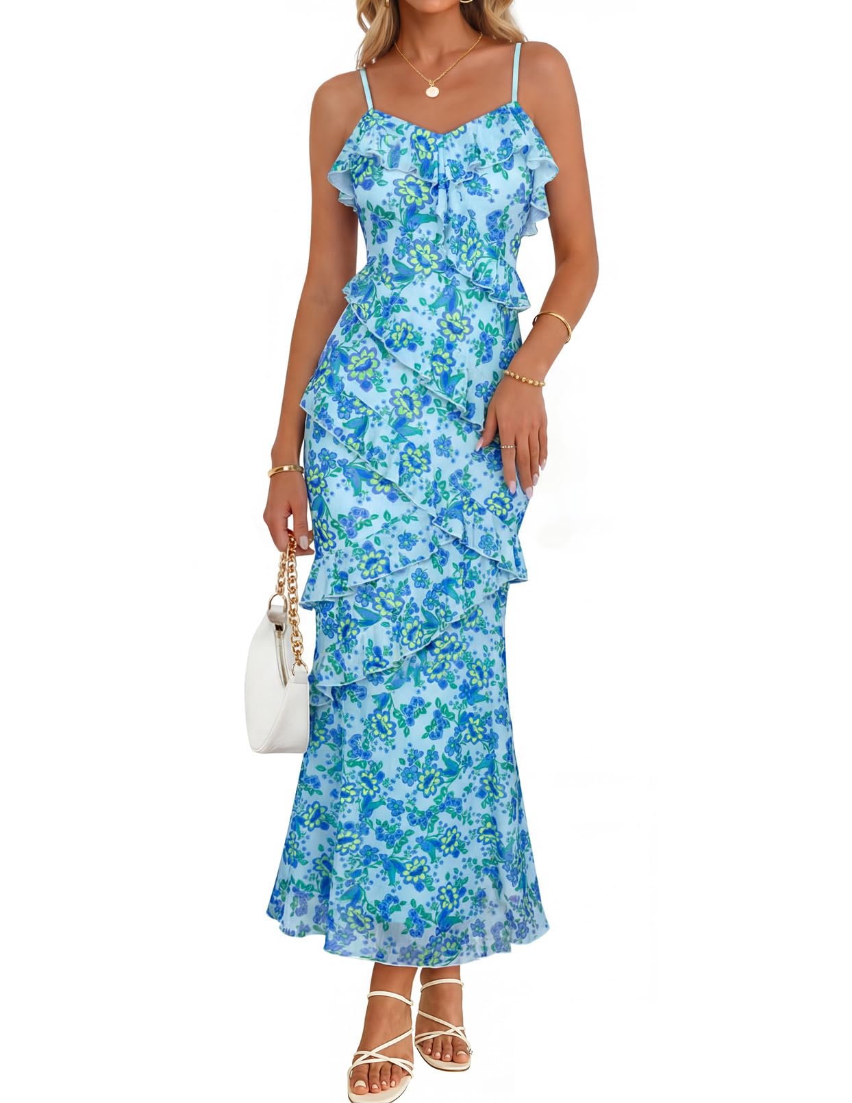 MEROKEETY Spring Summer Floral Wedding Guest Maxi Dress Womens 2026 Formal Bodycon Ruffle Spaghetti Strap Cocktail Long Dress, Blue, Large