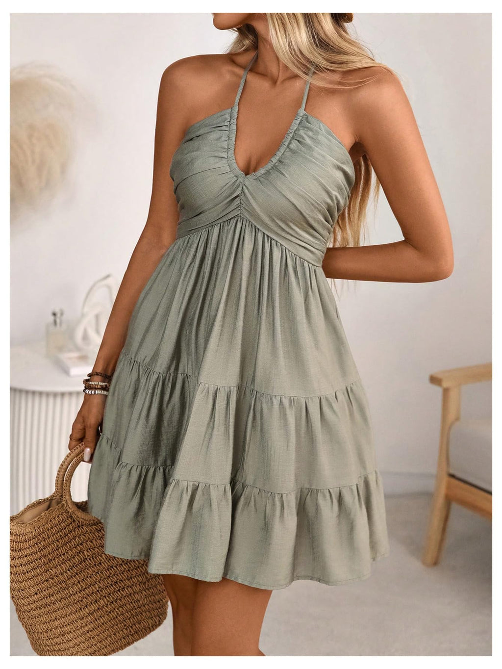 SOLY HUX Women's Summer Mini Dress Halter Backless Sleeveless A Line Ruffle Hem Flowy Cami Dresses Sundress Plain Green Large