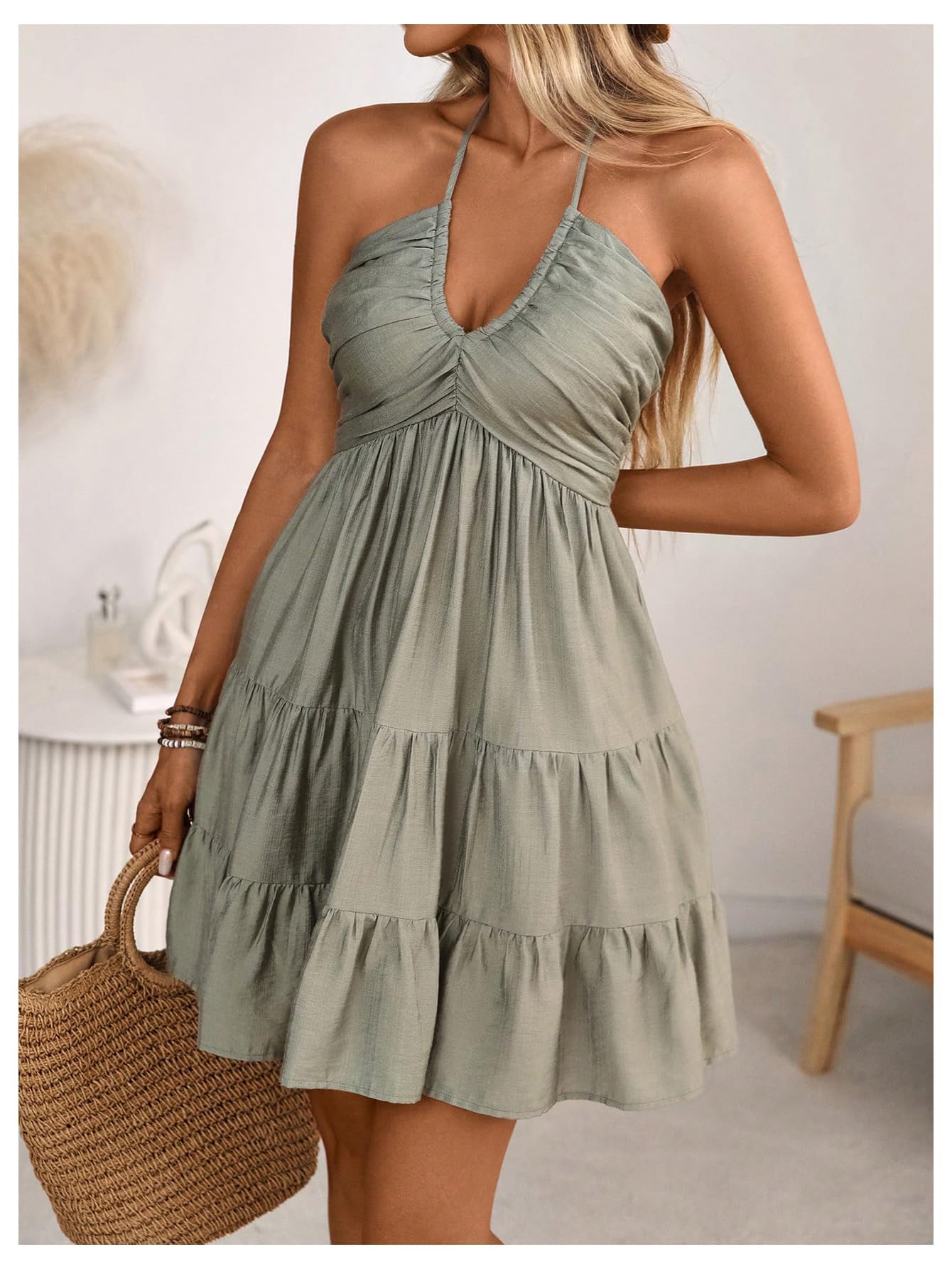 SOLY HUX Women's Summer Mini Dress Halter Backless Sleeveless A Line Ruffle Hem Flowy Cami Dresses Sundress Plain Green Large