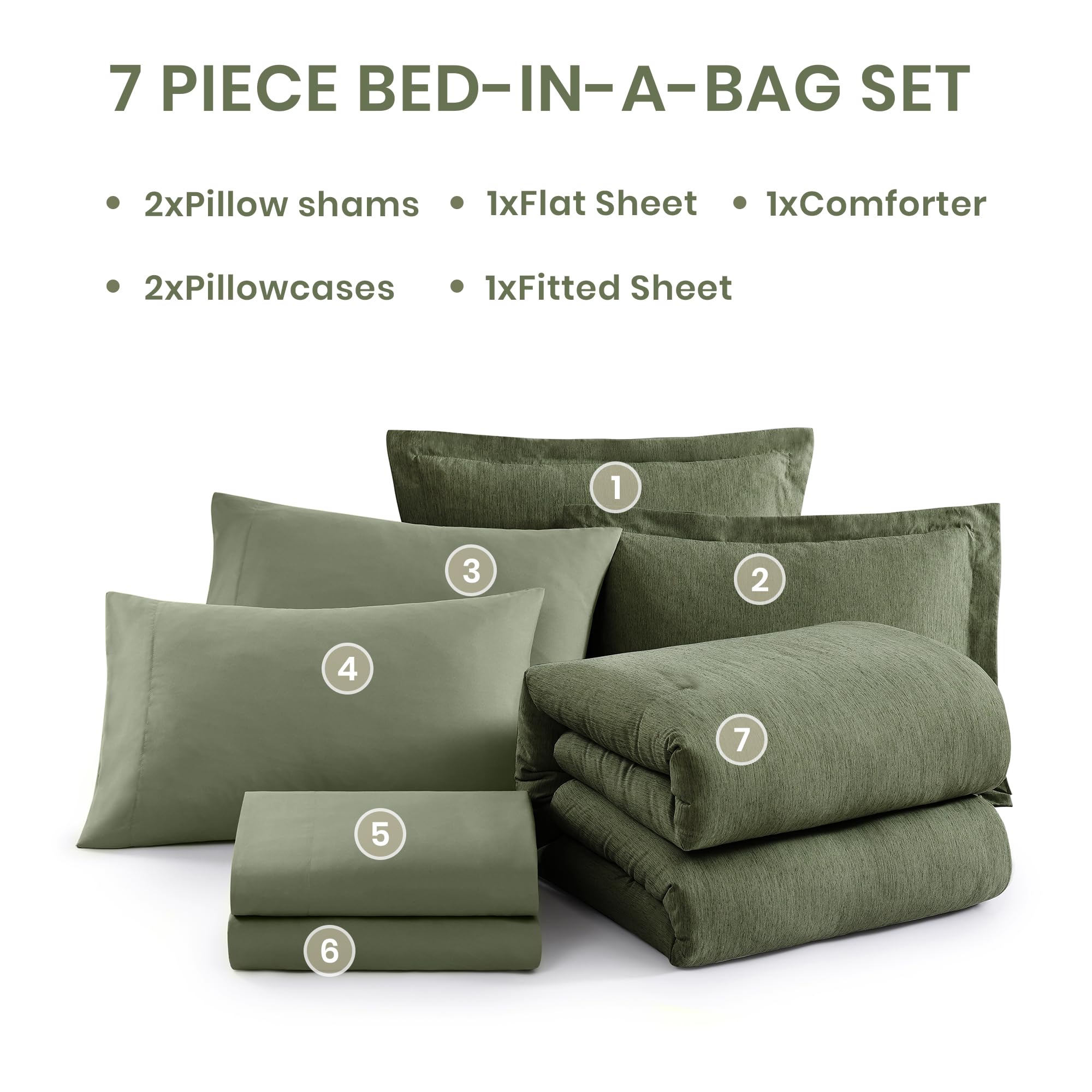 Monbix King Size Comforter Set, Olive Green King Bed Set Reversible, King Size Comforter Set 7 Pieces, Cationic Dyeing Bed in a Bag with Comforter, Sheets, Pillowcases & Shams