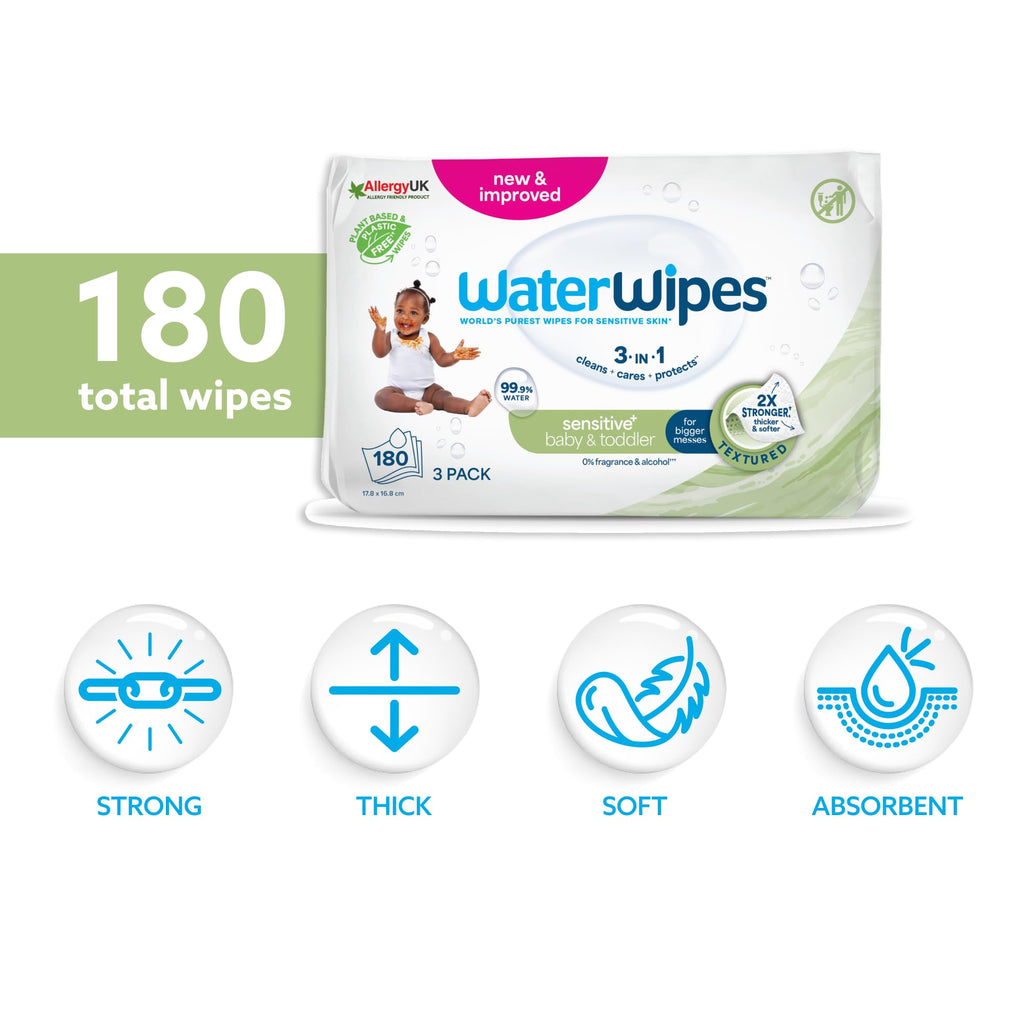 WaterWipes Sensitive+ Baby & Toddler Wipes, 180 Count (3 Packs), 3-In-1 Cleans, Cares, Protects, 99.9% Water, Textured Clean, Unscented