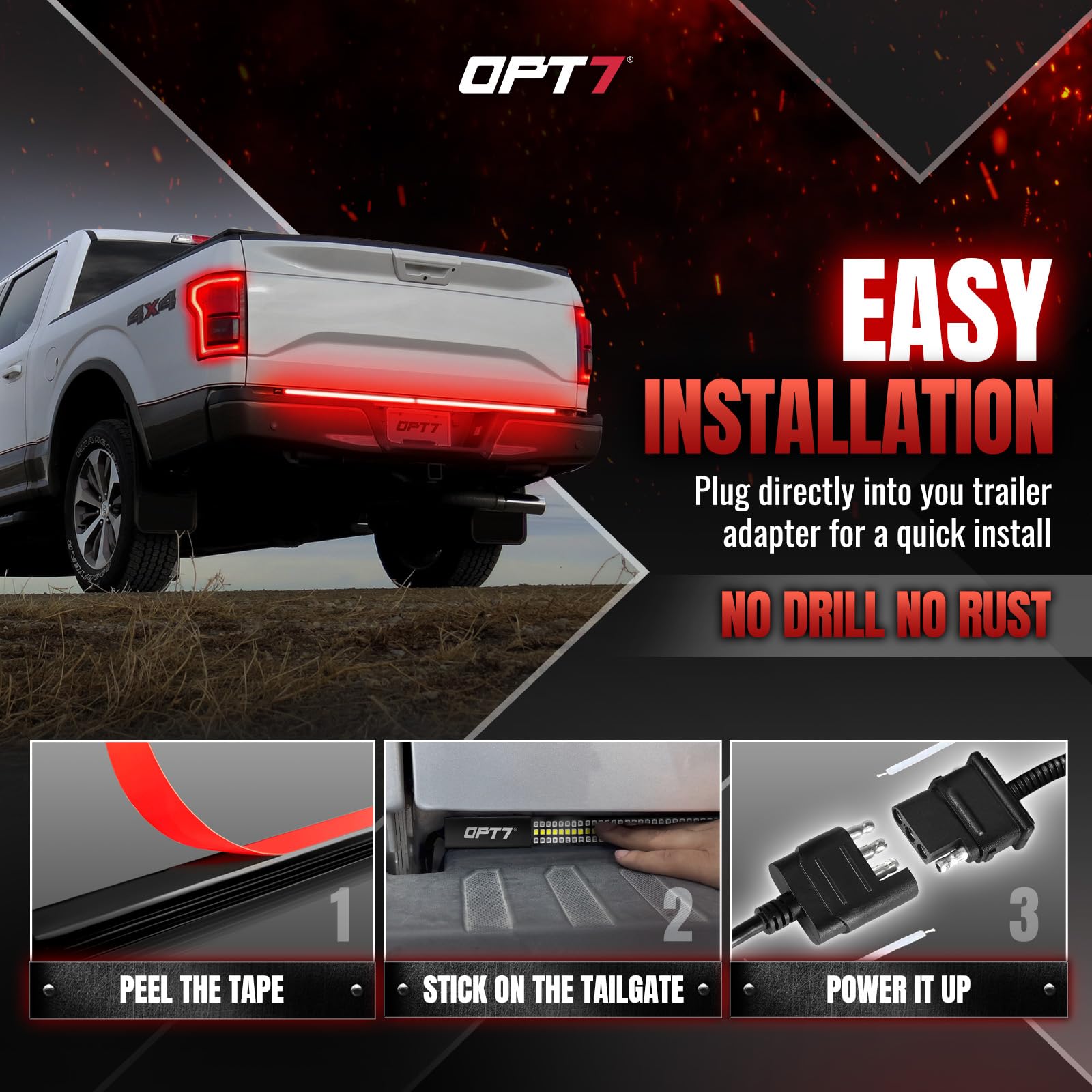 OPT7 Redline Parlux 60" Aluminum Truck Tailgate Light Bar w/Sequential Red Turn - Rigid 2-Section Triple Row LED Light Strip w/Ignition Sequence, Red Running Brake, Triple-Flash White Reverse