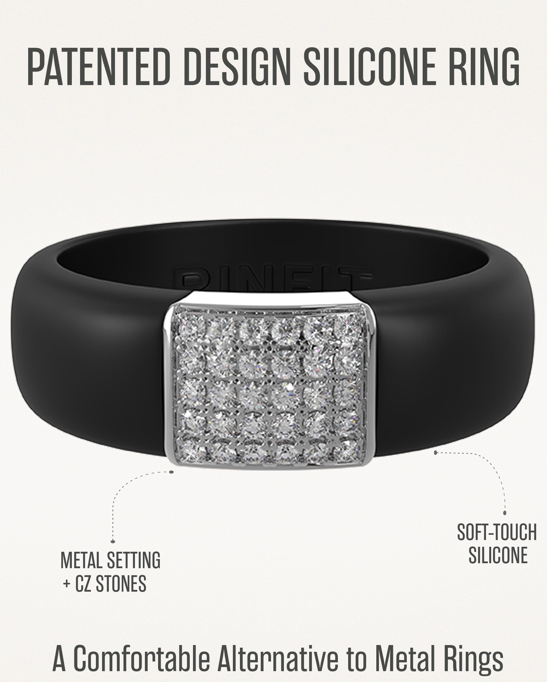 Rinfit Womens Silicone Wedding Ring - Engagement Ring for Women - Promise Rings for Her with Cubic Zirconia - Black & Silver, Size 7