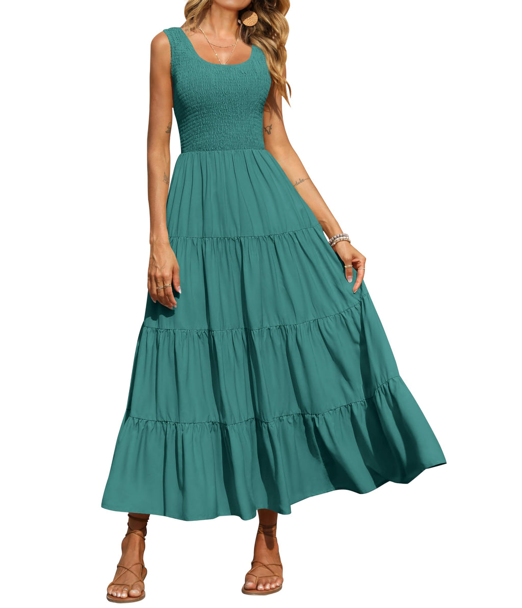 PRETTYGARDEN Sleeveless Flowy Spring Wedding Guest Dresses for Women Long Dress Smocking Top Crewneck Maxi Dresses (Bean Green, Small)