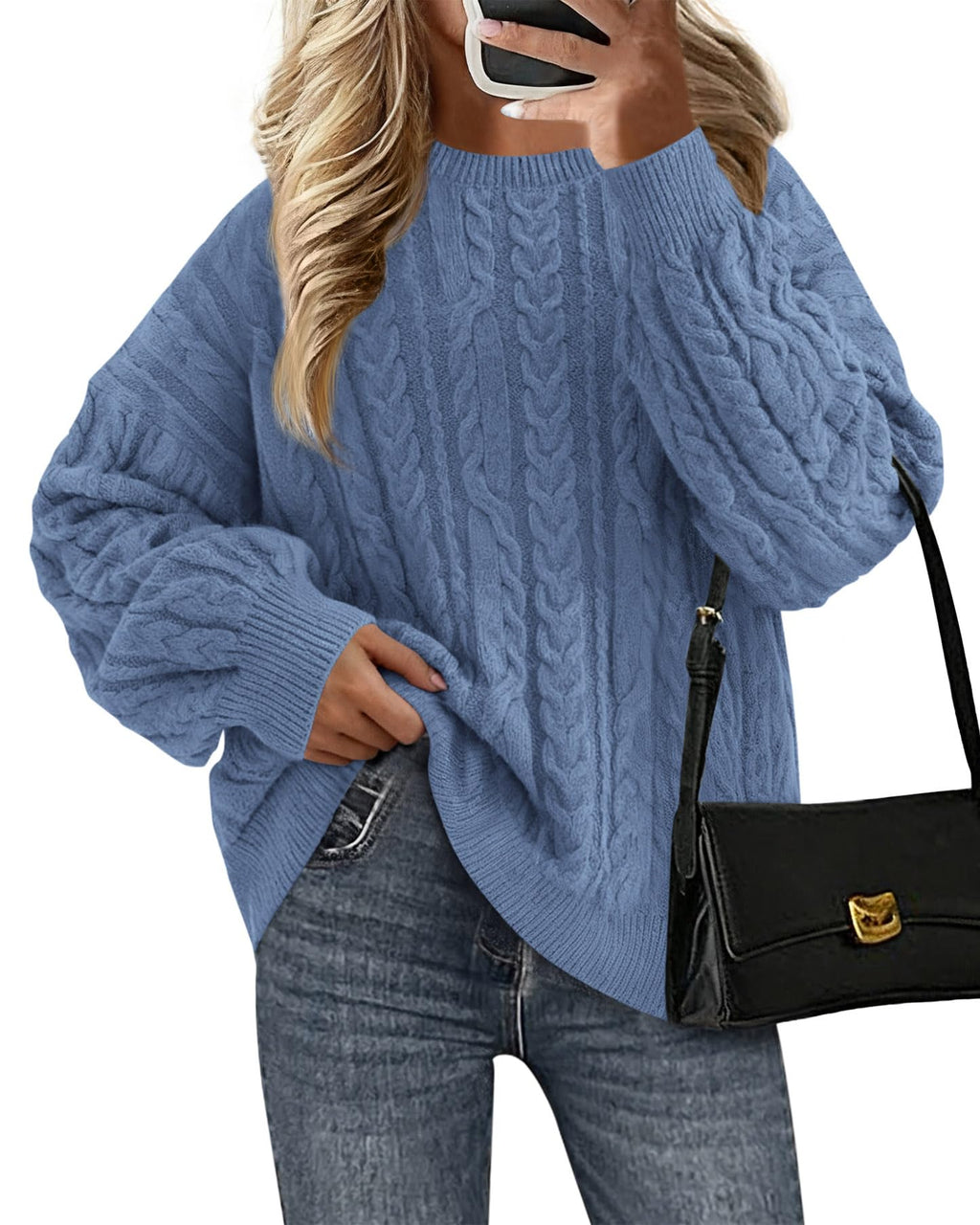 KIRUNDO Oversized Chunky Cable Knit Sweater Women 2026 Fall Fashion Cozy Long Sleeve Crewneck Pullover Winter Clothing(Blue, Medium)