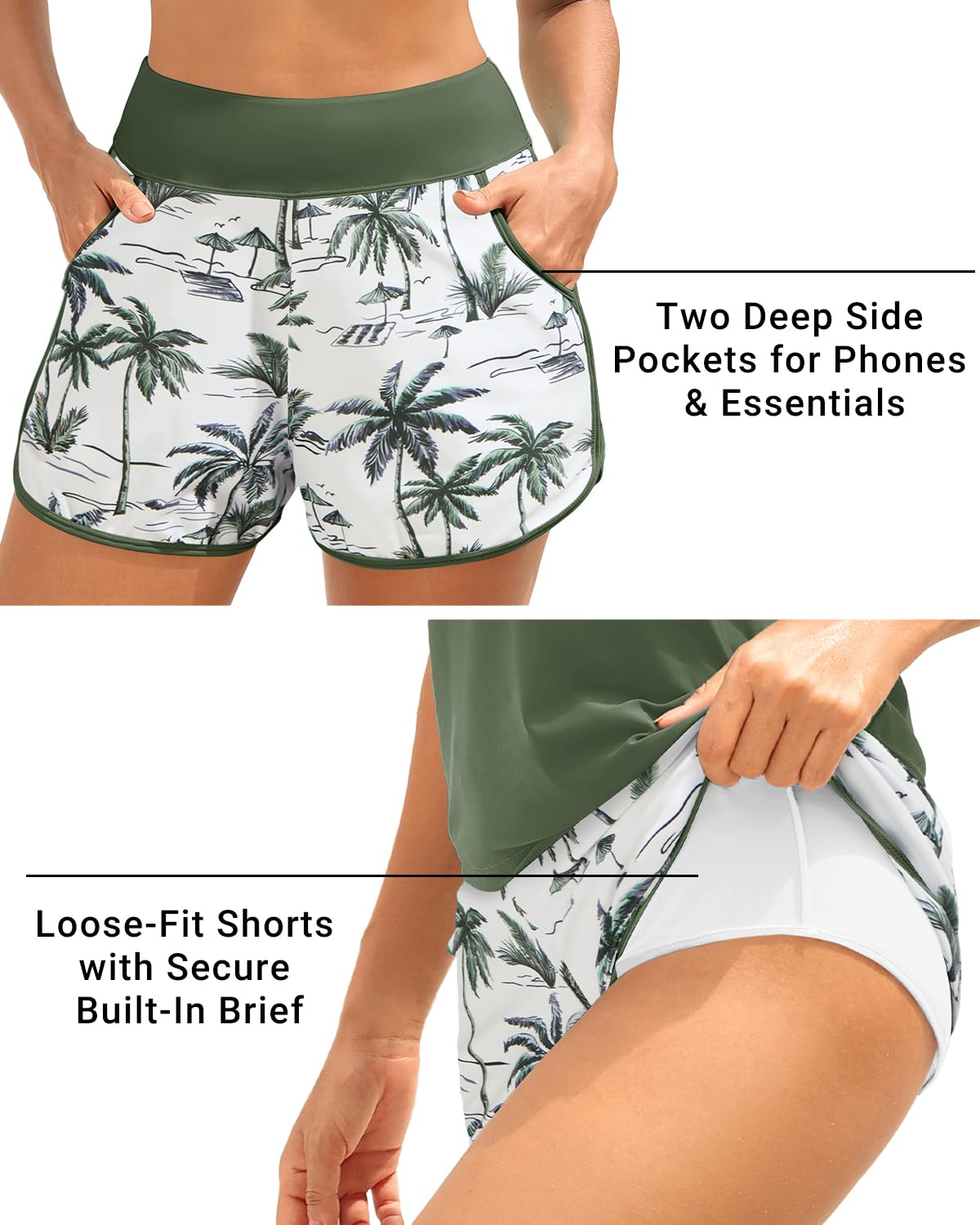 Daci Green Palm Tree Women 3 Piece Tankini Swimsuits - Tummy Control Tank Top with Bra Modest Bathing Suit with Pockets Boyshorts Bottom 2026 L