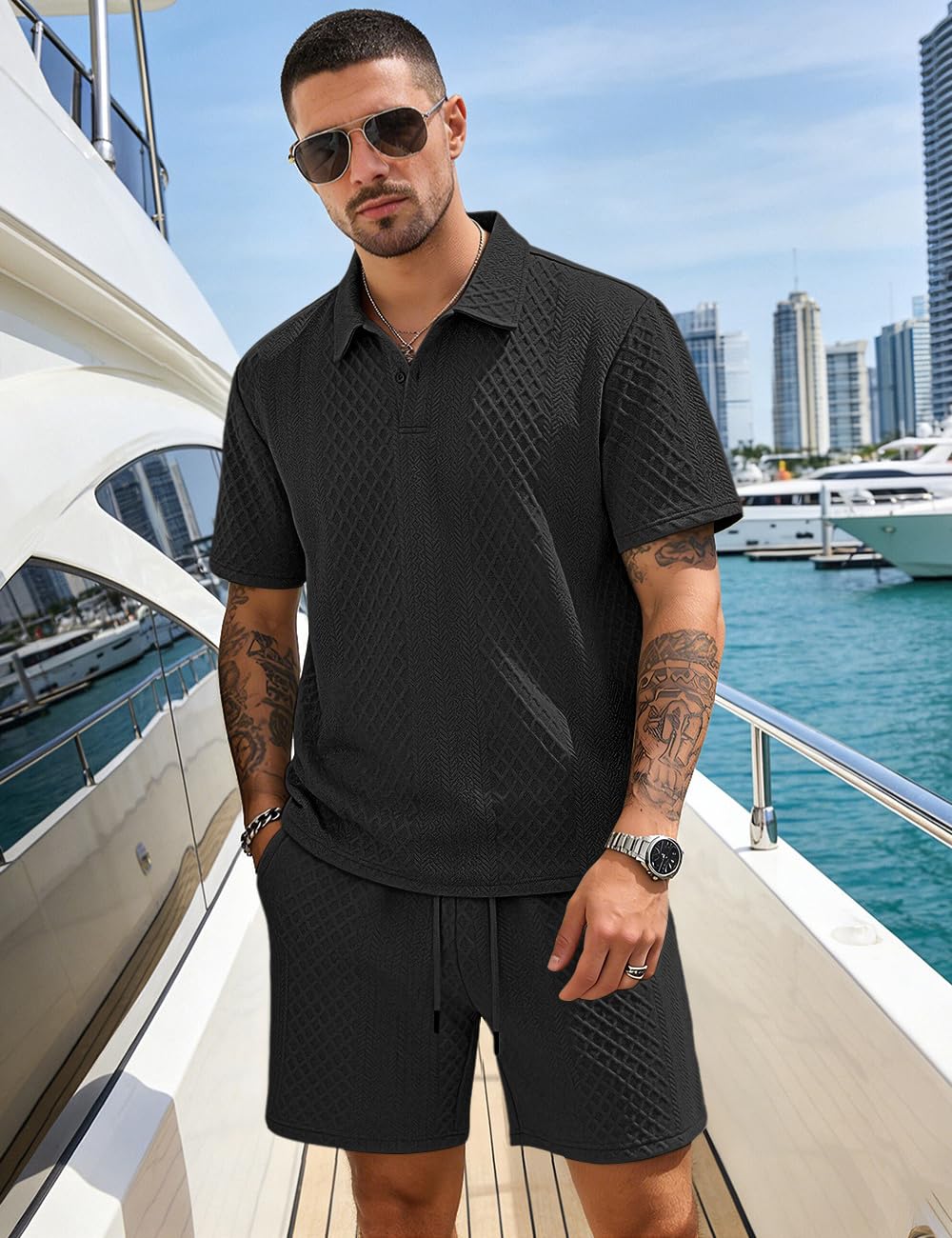 LINENNMAIN Men's 2 Pieces Outfits Casual Polo Shirt and Shorts Set Collar Athletic Jogging Summer Tracksuit
