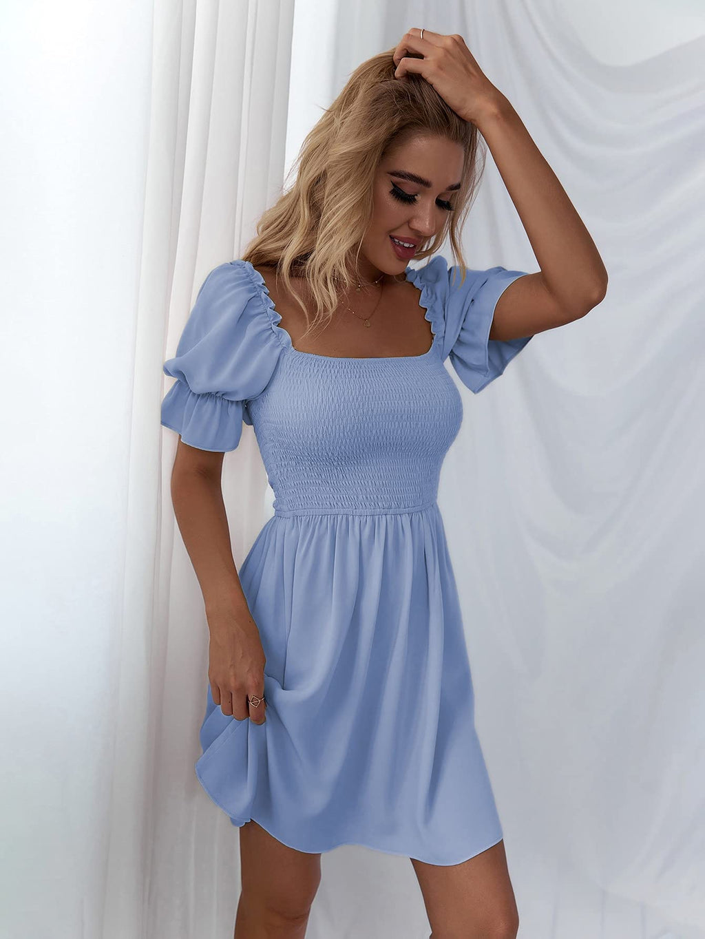 WDIRARA Women's Square Neck Flounce Short Sleeve Shirred Ruffle Hem Dress Blue M
