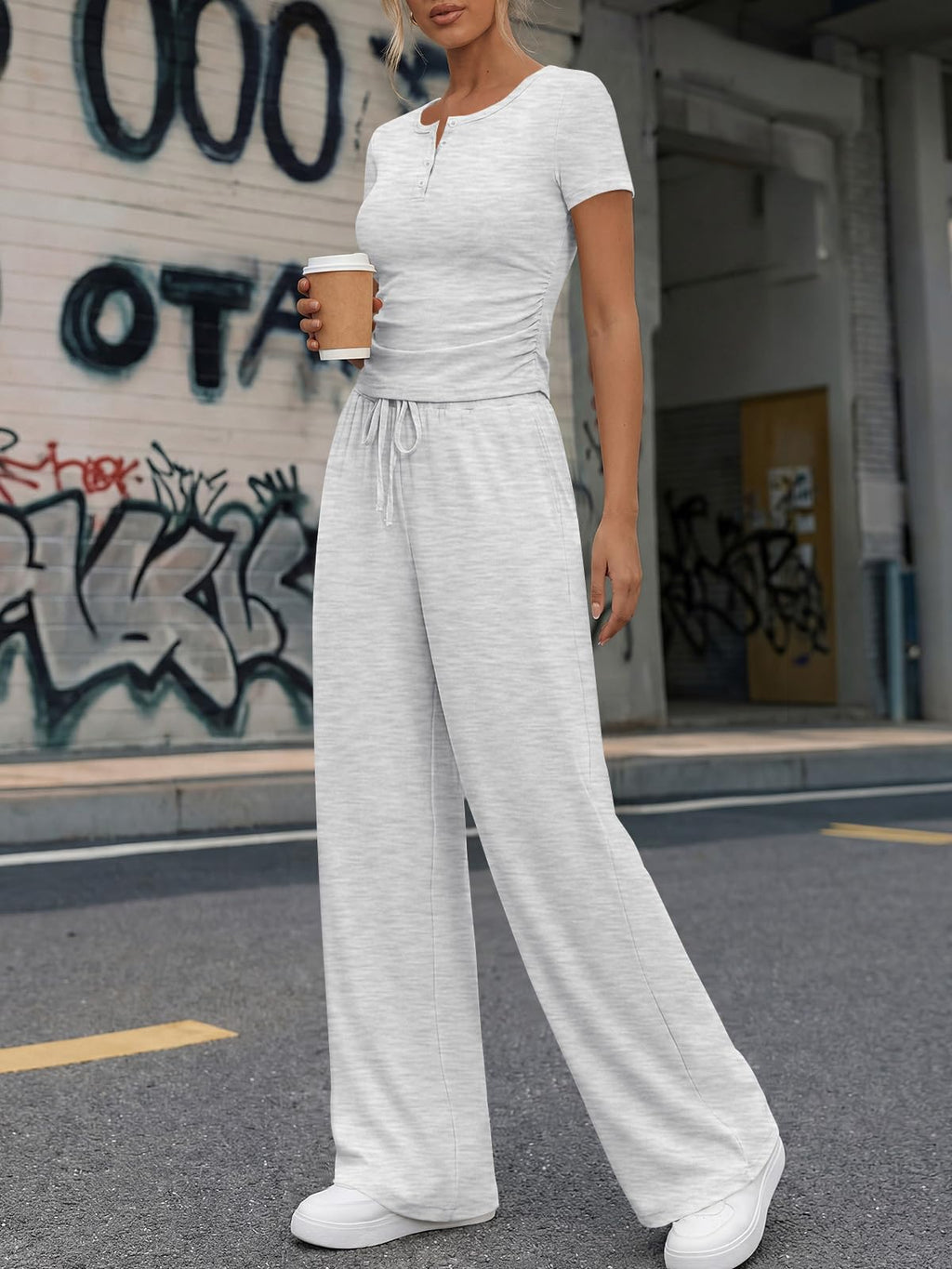 Trendy Queen Womens 2 Piece Sets Lounge Matching Set Cruise Casual Vacation Outfits Summer Airport Workout Gym Clothes Spring Fashion 2026 Teen Girl Wide Leg Pants Athletic Travel Tops Oatmeal Grey M
