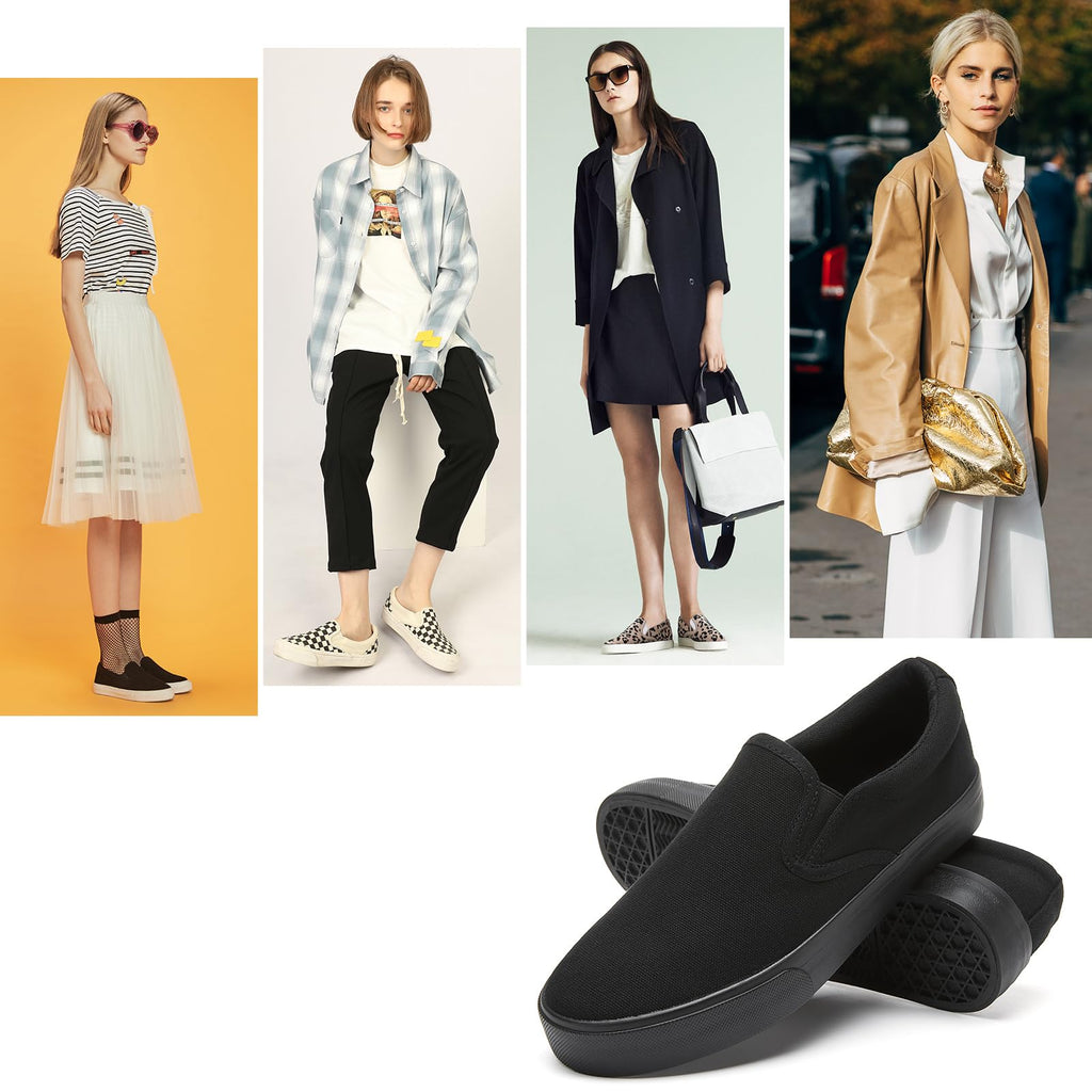 Women's Canvas Slip On Shoes Fashion Sneakers Flats Shoes White Canvas Shoes(Full Black.US8)