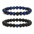 MengPa Mens Beaded Bracelets Couples Matching Bracelet Set Lava Rock Beads for Women Stone Jewelry(Tiger Eye-Blue) US4163T