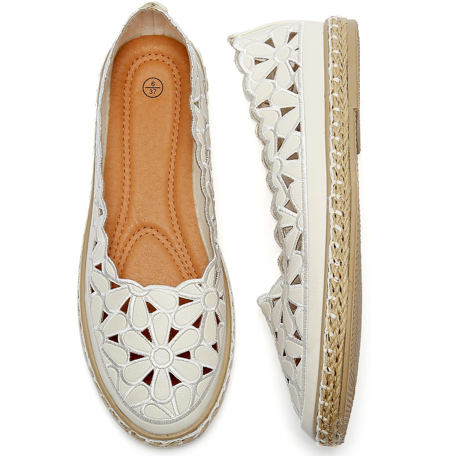 HEAWISH Women’s Ballet Flat Daisy Round Toe Dress Shoes Casual Slip On Rope Loafer(White, US7)