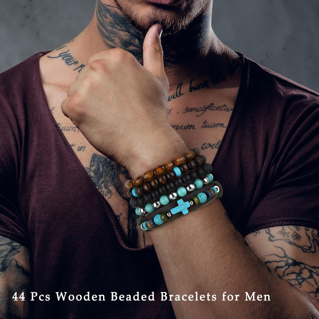 Giovanchi 44 PCS Beaded Bracelets for Mens Larger Size Women Adjustable Boho Punk Braided Wooden Bead Bracelet Bulk Wood Bangles Wristbands Meaningful Jewelry Gift