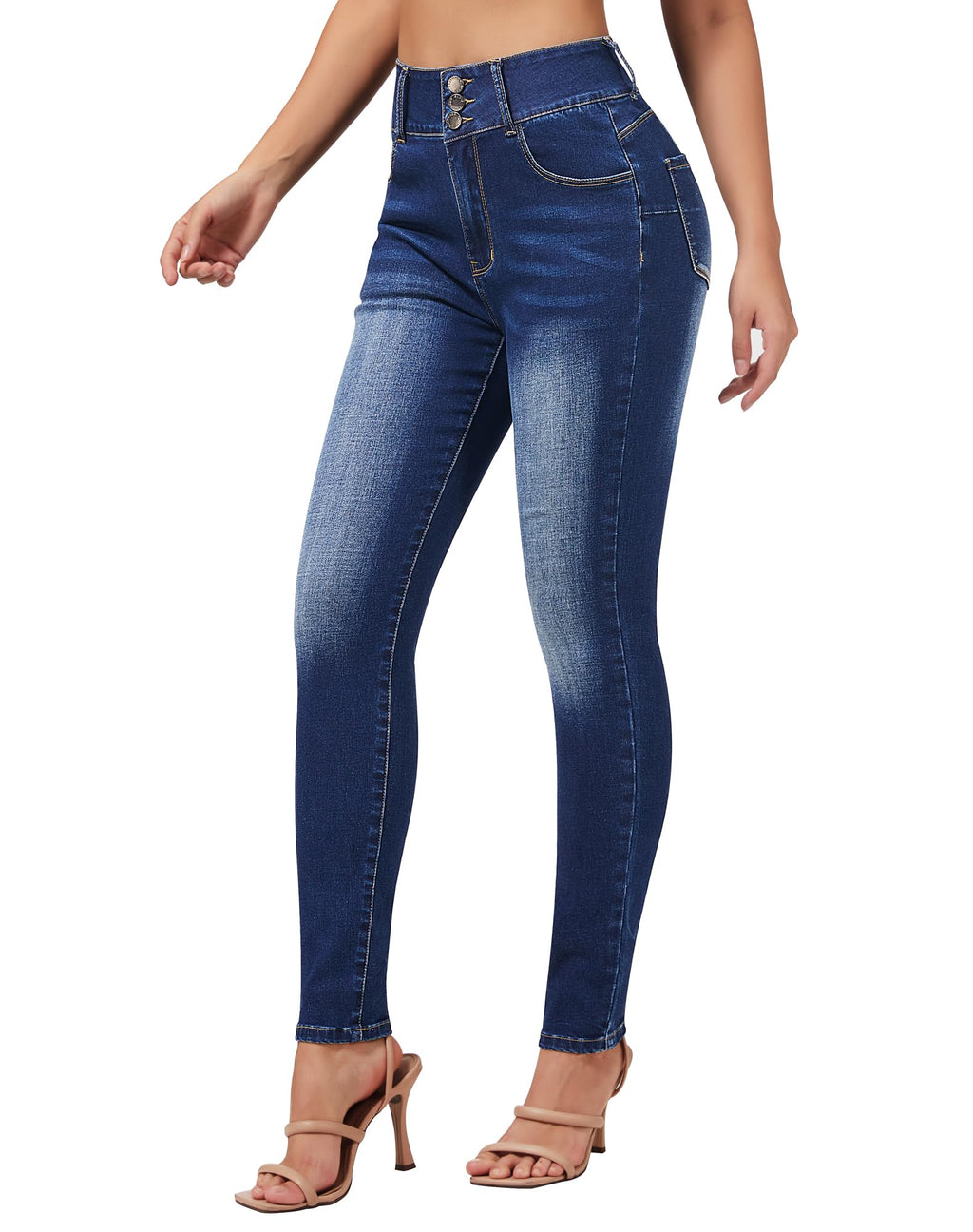 roswear Women's Stretchy Skinny Jeans High Waist Tummy Control Jeggings Slim Fit Denim Pants Navy Blue Large