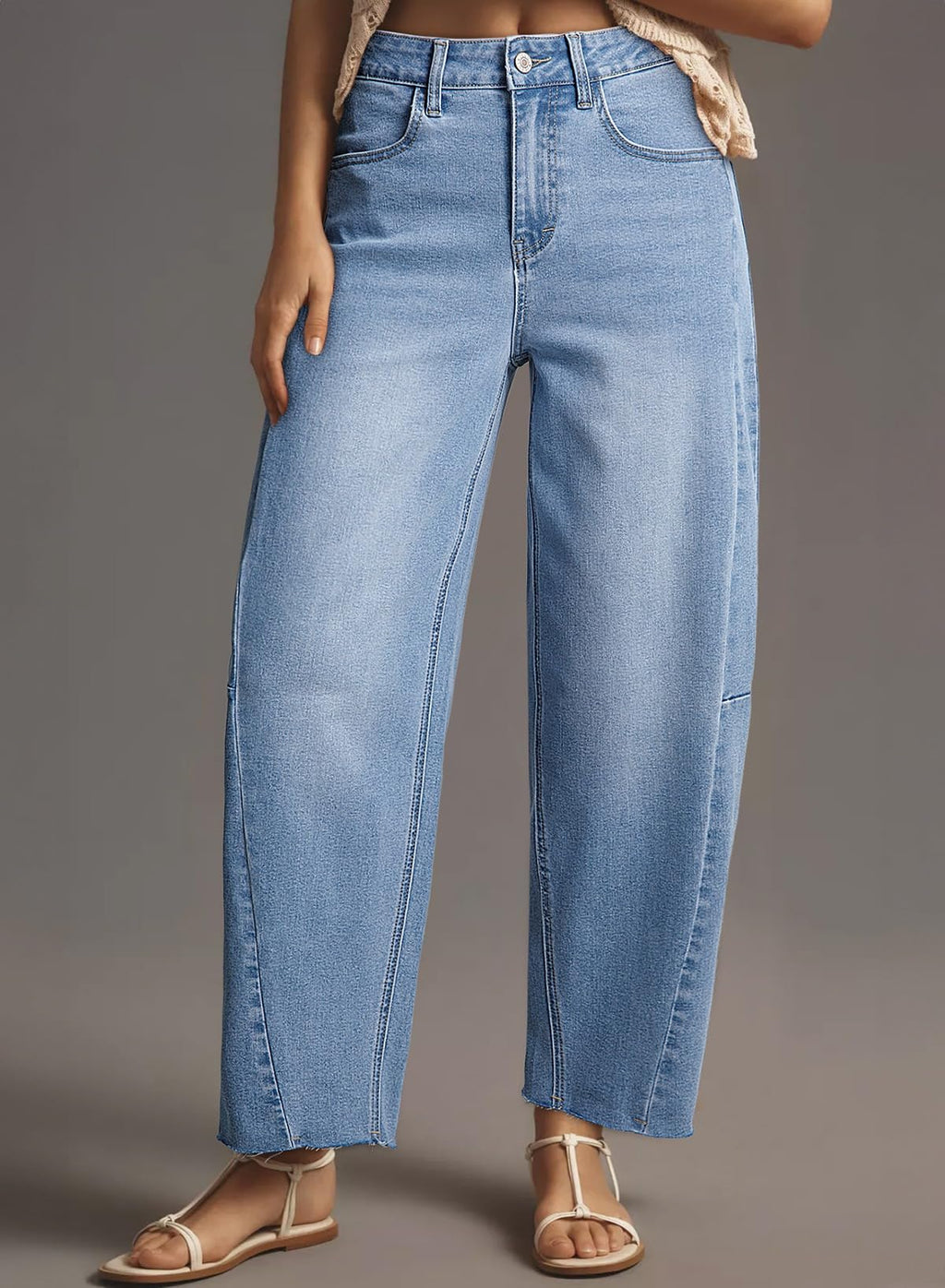 Dokotoo Women's Fashion Barrel Jeans Baggy Wide Leg Jeans Woman Casual Loose Solid Stretchy High Waisted Denim Pants with Pockets Lightweight Cotton Raw Edge Hem Button Closure Trousers Blue Size 10