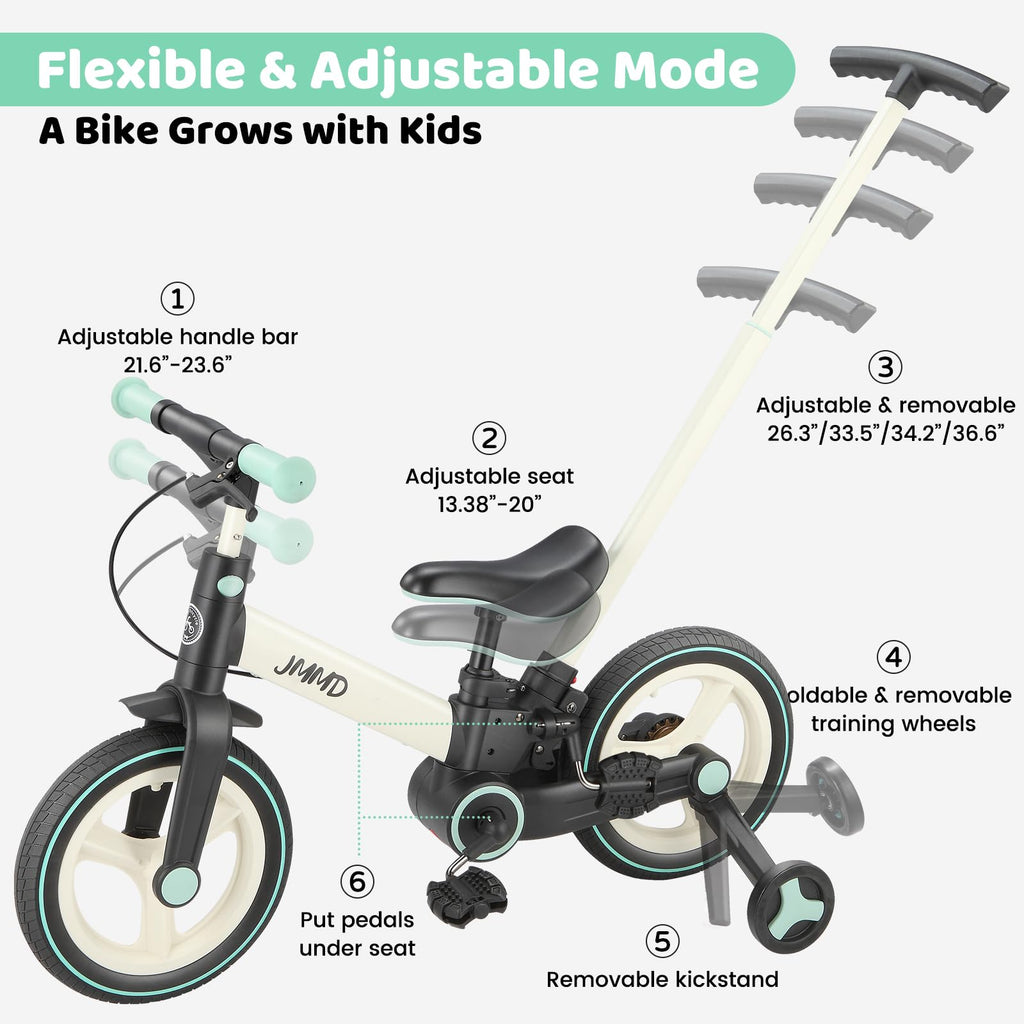 JMMD 6 in 1 Toddler Bike with Push Handle for Kids 18-60 Months, 12" Foldable Balance Bike with Training Wheels, Pedals, Brakes, Kickstand, Push Tricycle Toddler Gift & Toys for Boy & Girl