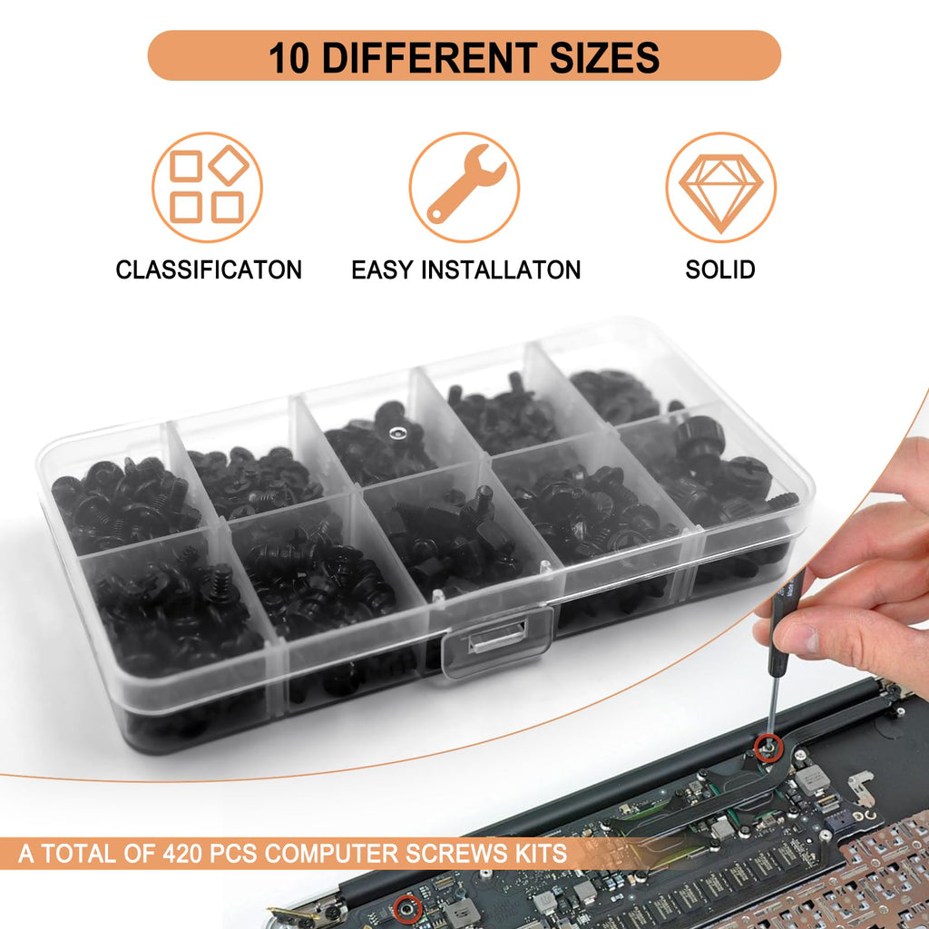 420PCS Computer Screw Kit, Motherboard Standoffs Assorted Screws for PC Case, HDD, SSD, Laptop, Fan, CD-ROM - for DIY PC Build Repair