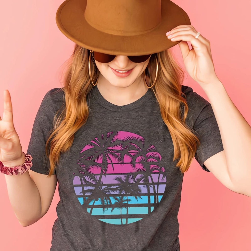 Hawaiian Shirts for Women Palm Trees Beach Graphic Tee Tops Summer Vacation Short Sleeve Tshirt Tops Dark Grey L