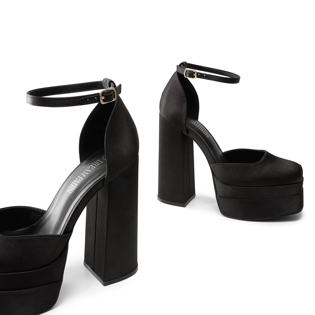 DREAM PAIRS Women’s High Chunky Platform Closed Toe Block Heels Square Toe Ankle Strap Dress Wedding Party Pumps Shoes Aurelia,Size 8,Black-Satin,SDPU2319W