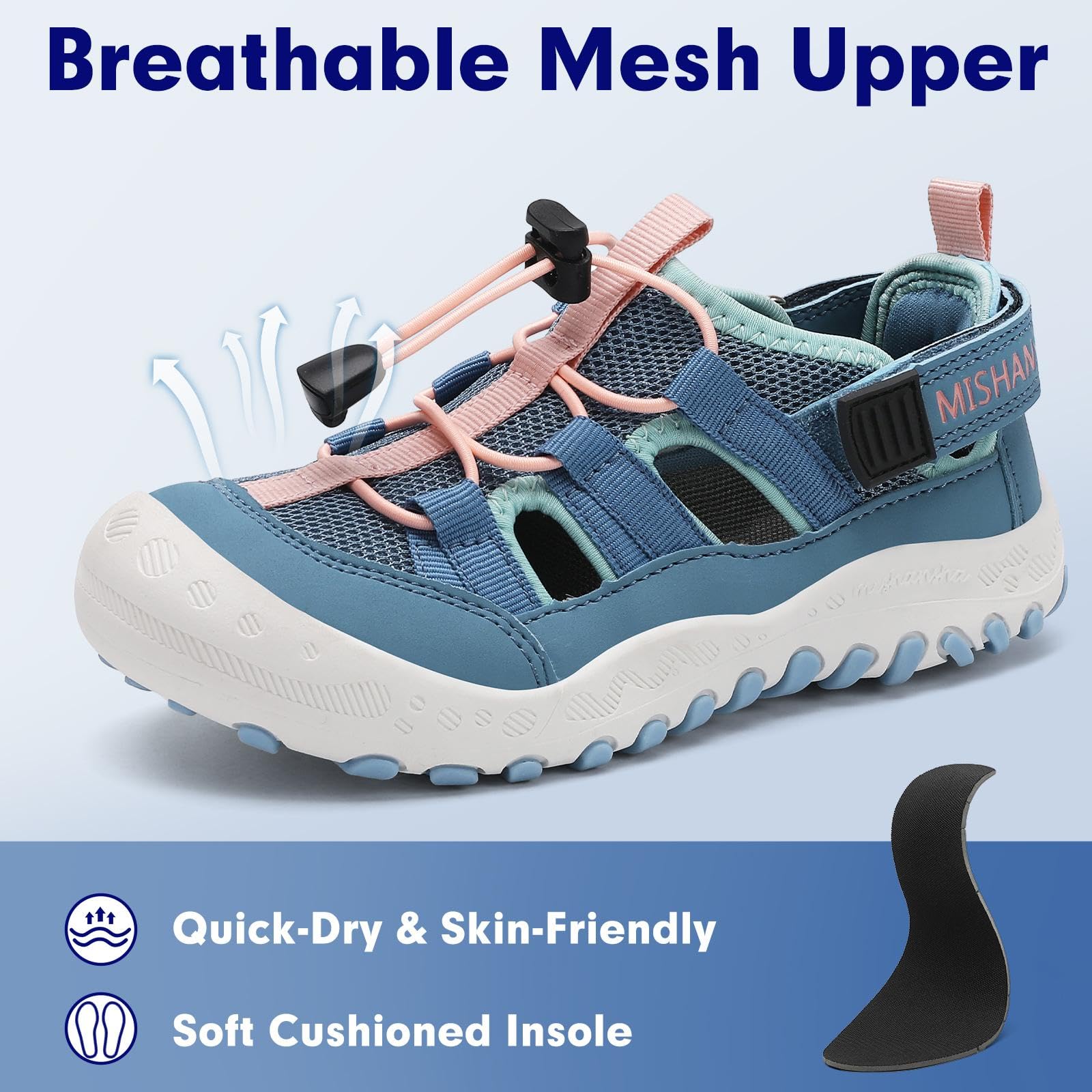 Mishansha Kids Outdoor Sport Sandals Closed Toe Adjustable Boys Girls Hiking Sandals Non-Slip Quick-Dry Water Sandal for Little Kid Size 11.5 Sky Blue