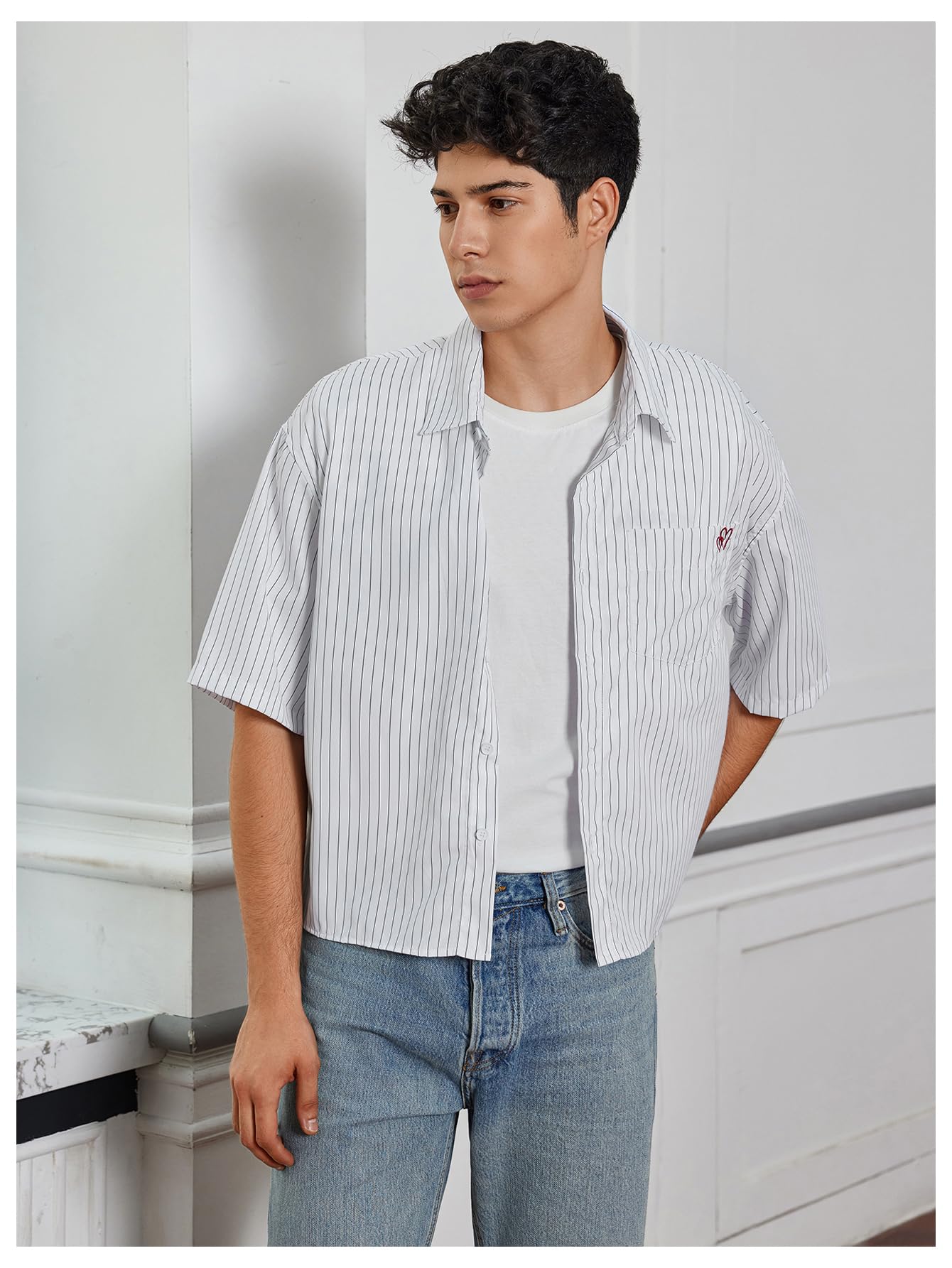 SweatyRocks Men's Striped Button Down Shirt Short Sleeve Collared Loose Fit Crop Shirt with Pocket White X-Small