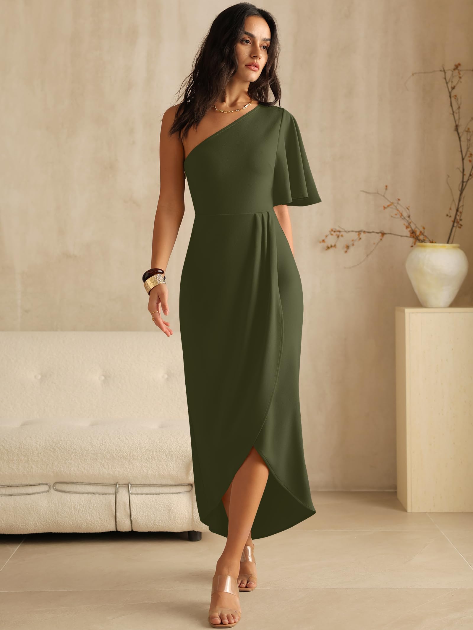 ANRABESS Womens One Shoulder Formal Midi Dresses 2026 Summer Wrap High Slit Beach Wedding Guest Party Cocktail Maxi Dress Army Green Small