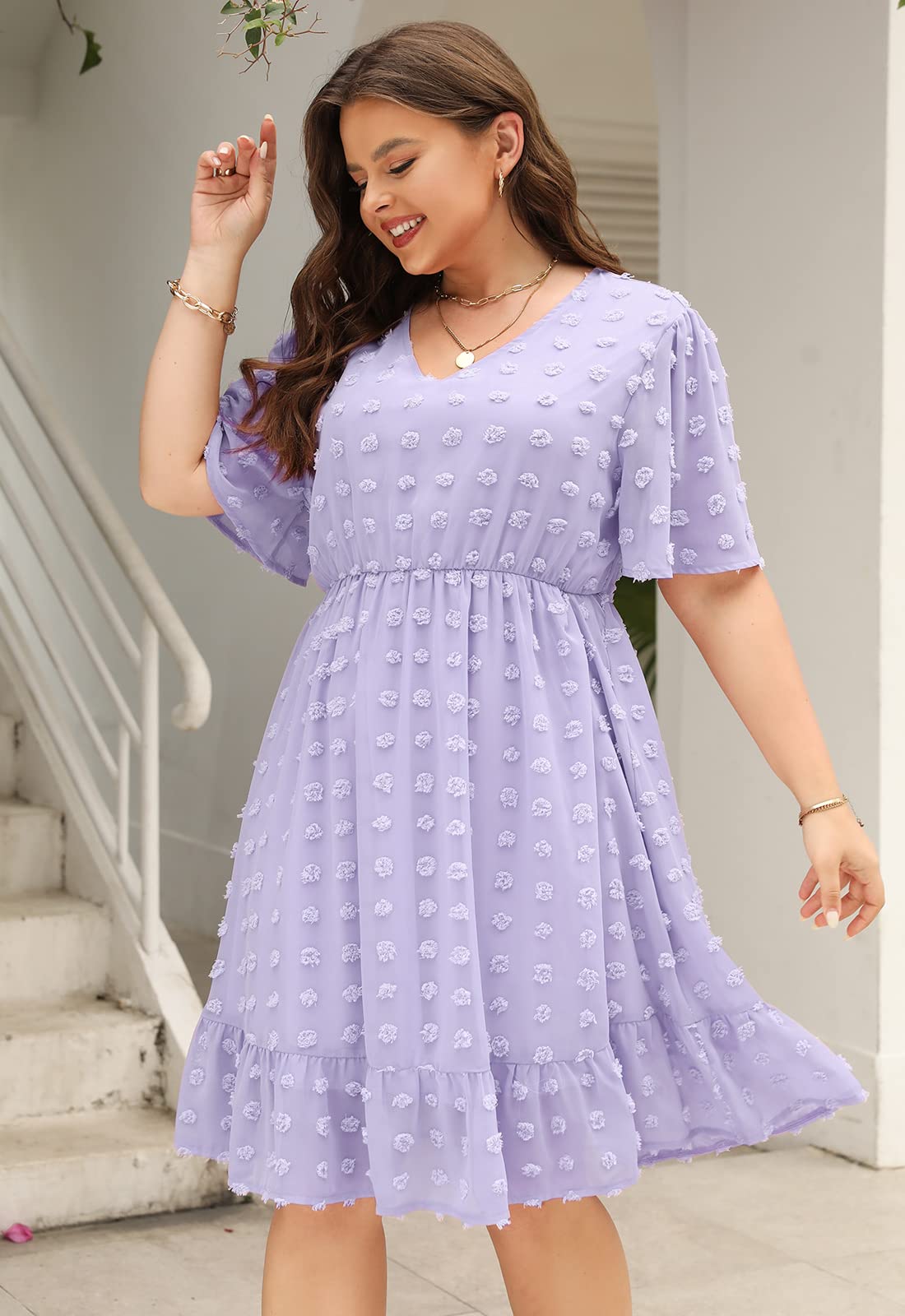 Keluummi Plus Size Wedding Guest Midi Dresses for Curvy Women, Casual Summer Swiss Dot Baby Shower Dress with Sleeve(20 Plus, 01 - Mauve)