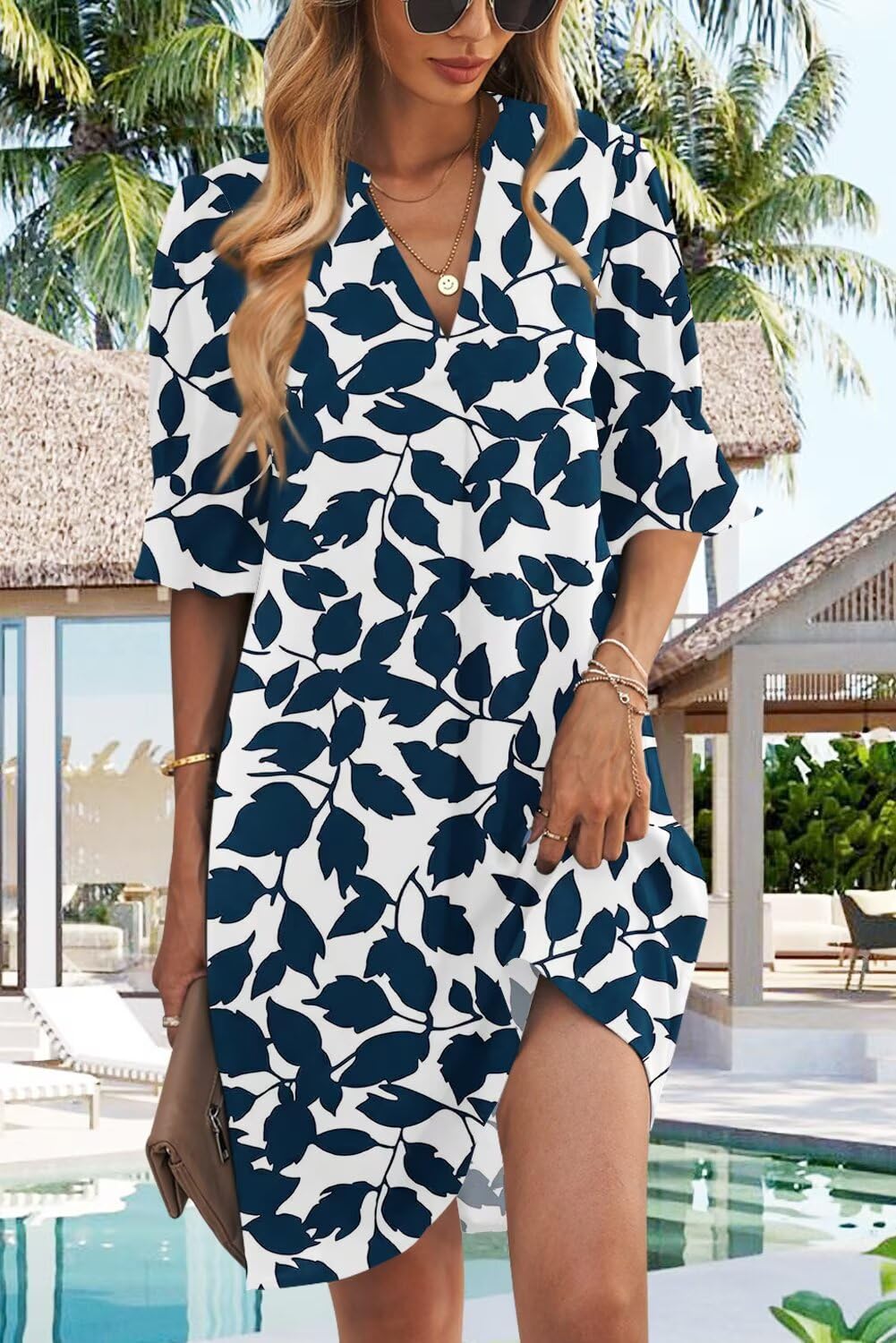 QACOHU Women's Ruffle Dresses Short Sleeve V-Neck Straight Casual Elegant Boho Simple Tunic Dress Blue White Leaf L