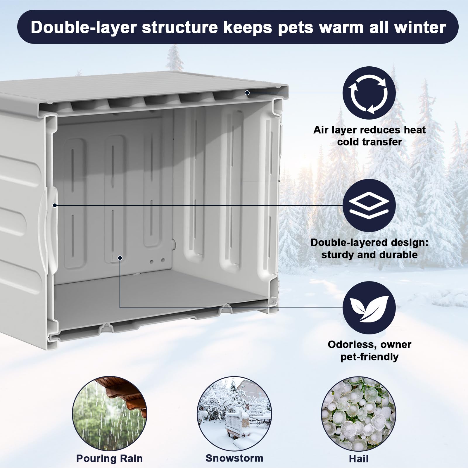 Tepoal 17.7"x17"x17.5" Plastic Heated Cat House for Outside Winter, Weatherproof Outside Cats Shelter with Safety Escape Doors and Heating Pads, Elevated Feral Cat House for Wild and Stray Cats (Grey)