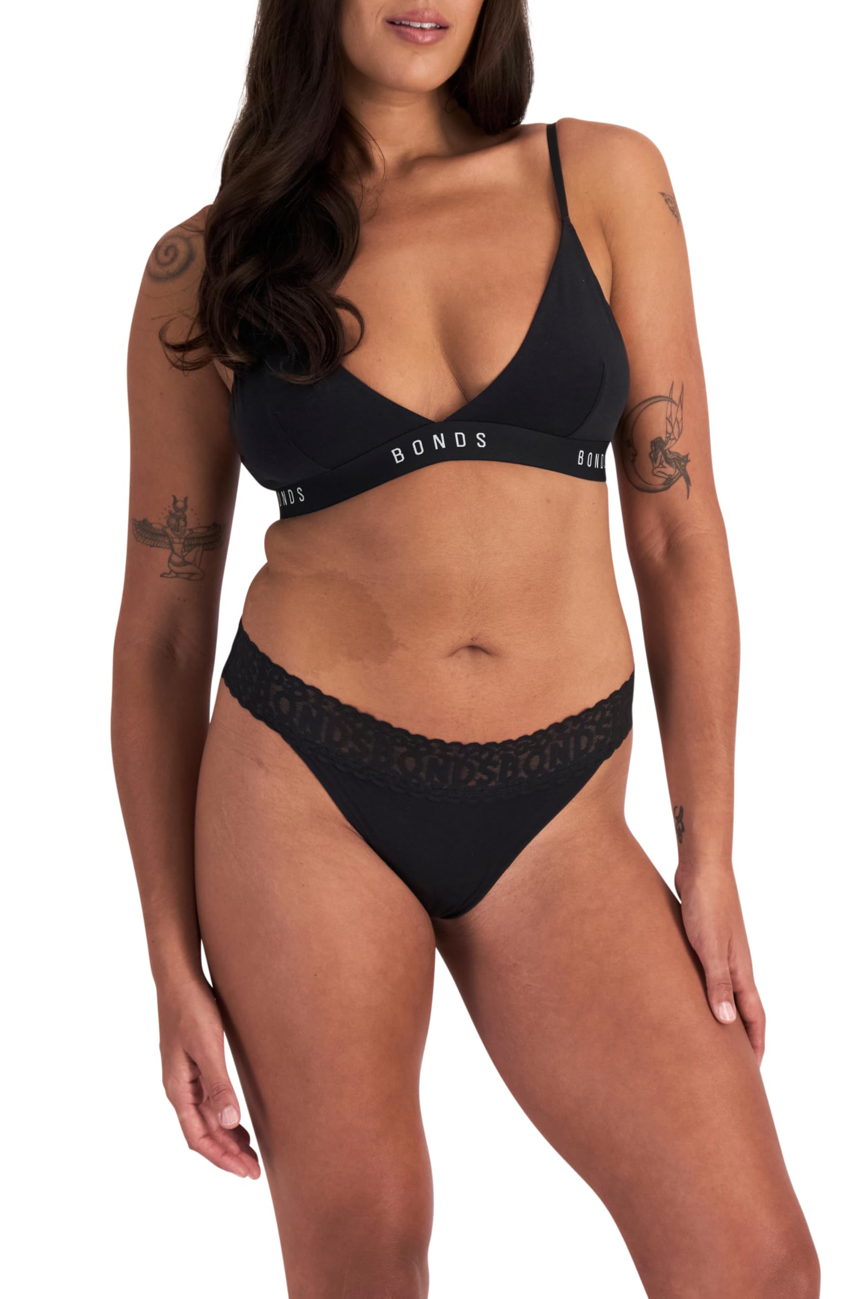 Bonds Women's Underwear Thong Pack, Lace-Top Icons Panties for Women, Stretchy Cotton-Blend, Low-Rise Underwear, 3-Pack Black