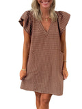 Mieazom Striped V-Neck Mini Dress for Women Puff Sleeve Casual Dress with Pockets, Comfortable & Stylish for Summer Brown-White Stripes XL