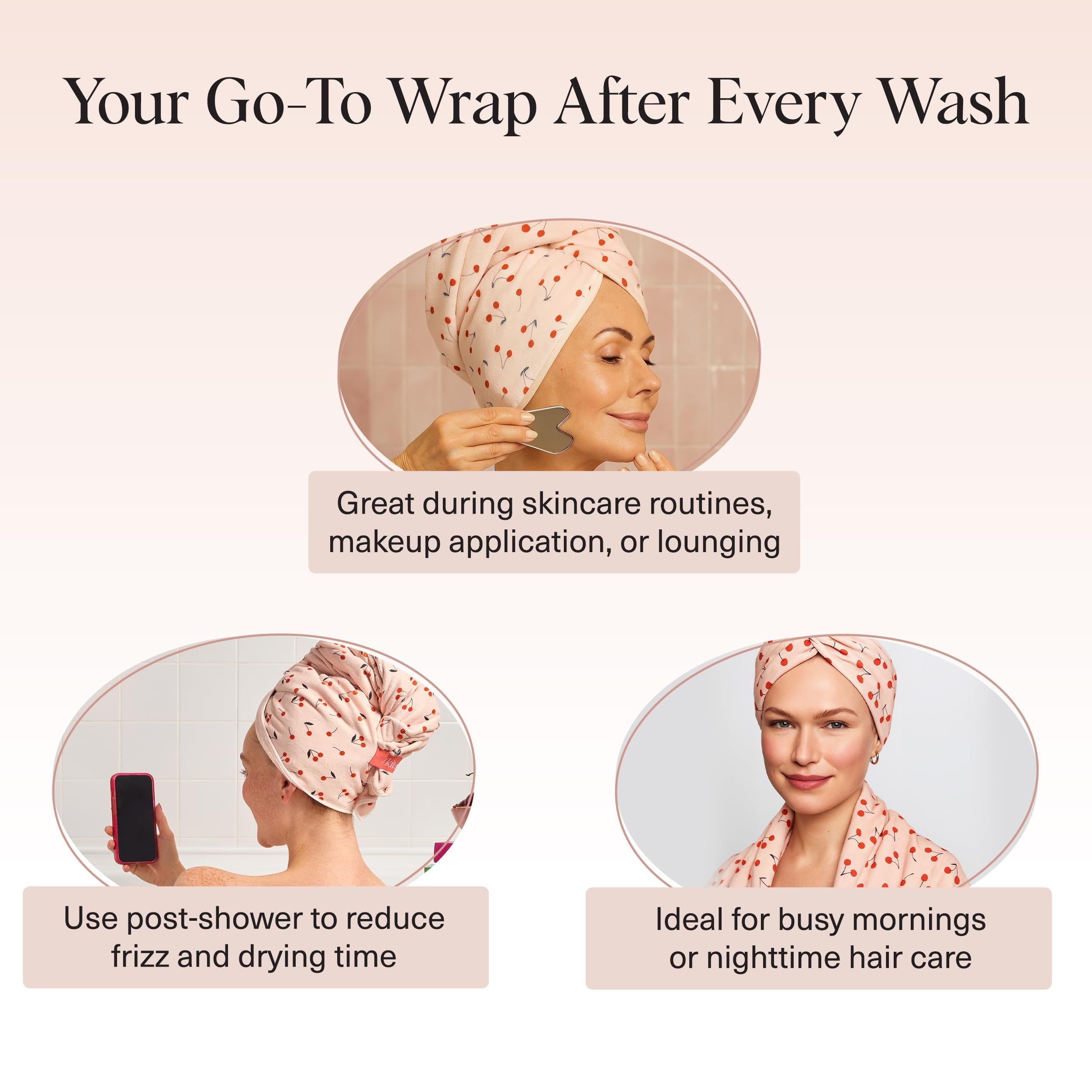 Kitsch XL Microfiber Hair Towel Wrap for Women – Ultra Absorbent Microfiber Towel for Wet, Curly, Long or Short Hair – Quick Dry, Anti-Frizz Hair Wrap – Cherry Print, 40x24 inches