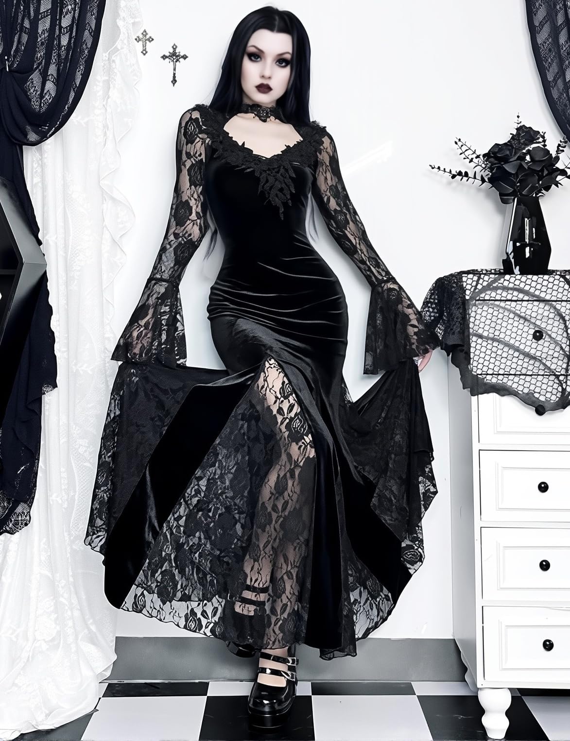 LANSHULAN Gothic Slim Lace Contract Fishtail Long Goth Dress Clothes Black