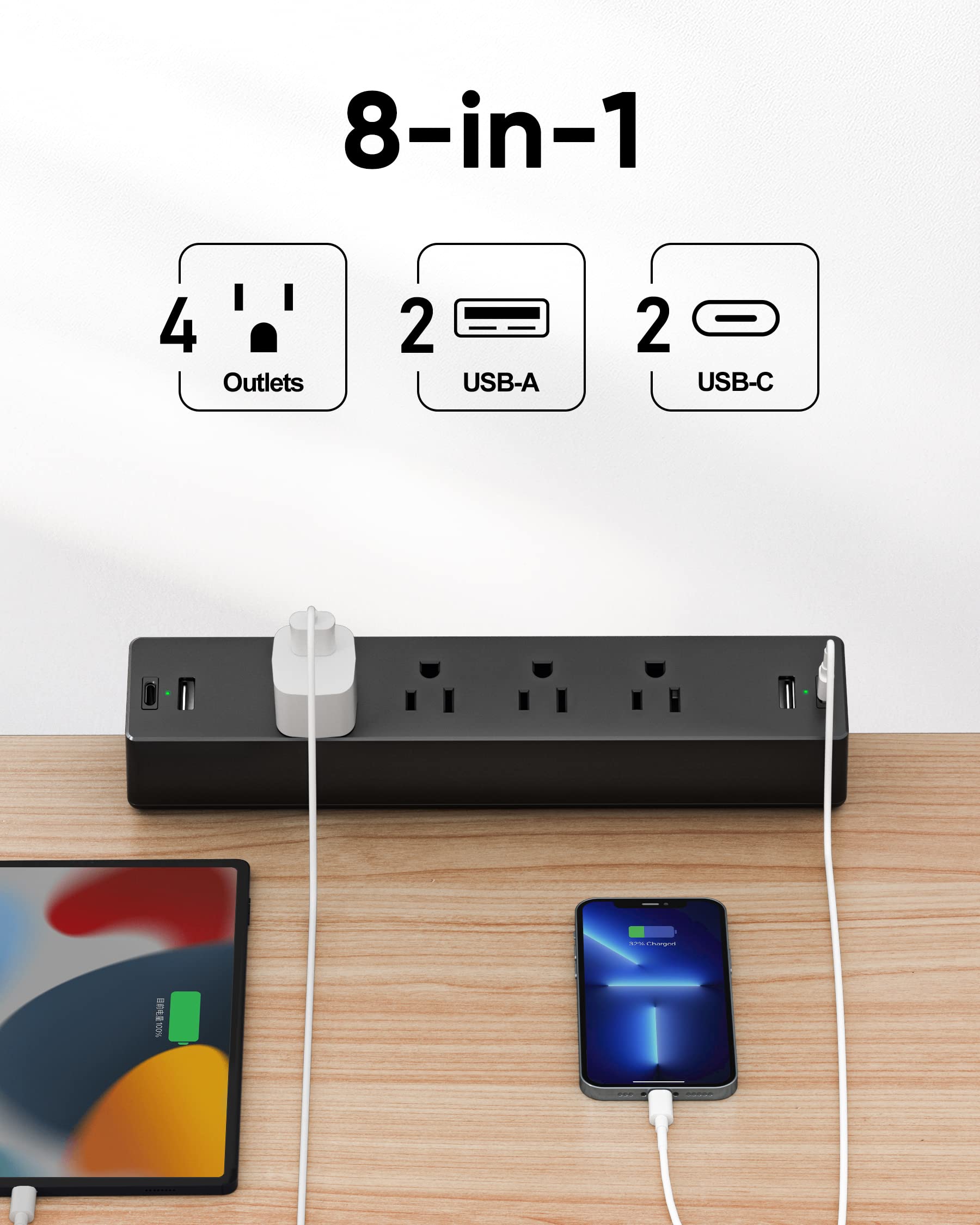 Desk Clamp Power Strip, Flat Plug Fast Charging Station, Desk Mount Surge Protector with PD 20W USB C Ports, Fit 1.7 inch Tabletop Edge Thick, Desktop Outlets for Home Office.