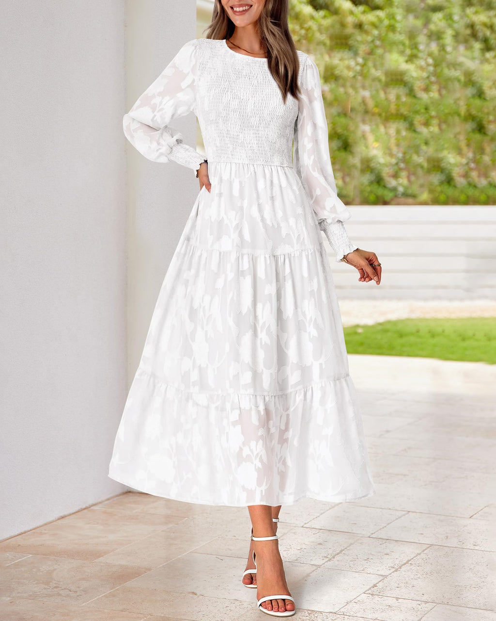 BTFBM Wedding Guest Dresses for Women Fall Fashion 2025 Casual Long Sleeve Floral Maxi Boho Homecoming Dress(White,Medium)