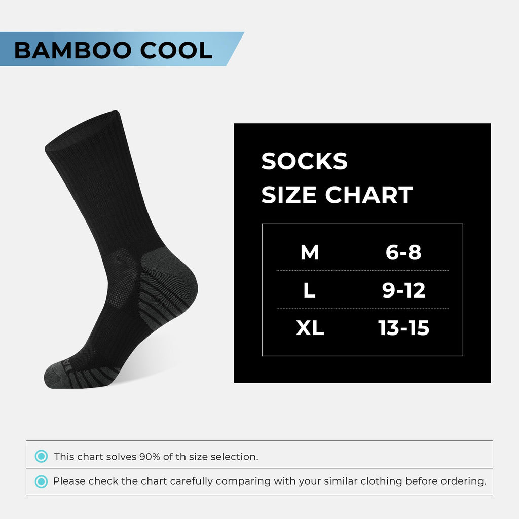 BAMBOO COOL Men's Crew Socks Athletic Running Sports Socks, Cushioned Moisture Wicking, Breathable Arch Support 6 Pack Black